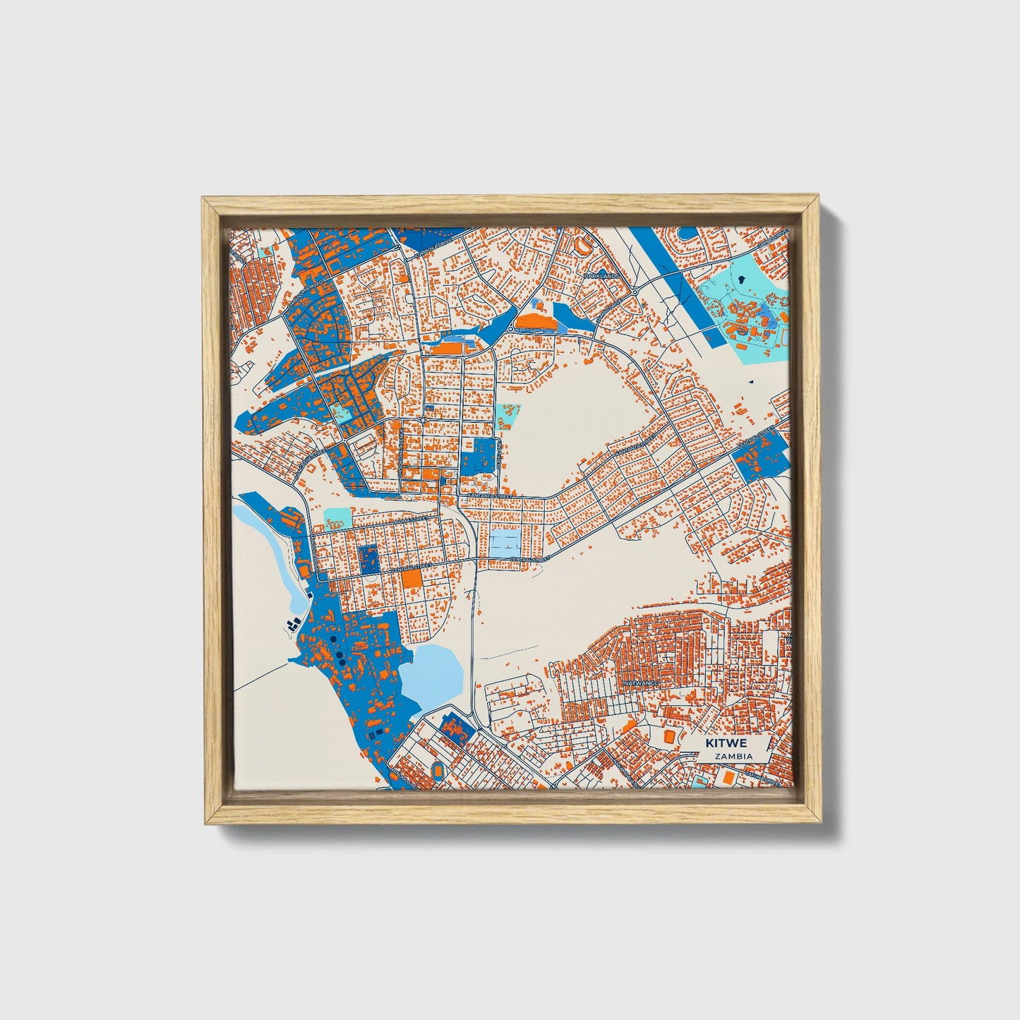 Kitwe Zambia Colorful City Map Canvas Print • Natural Wooden Framed