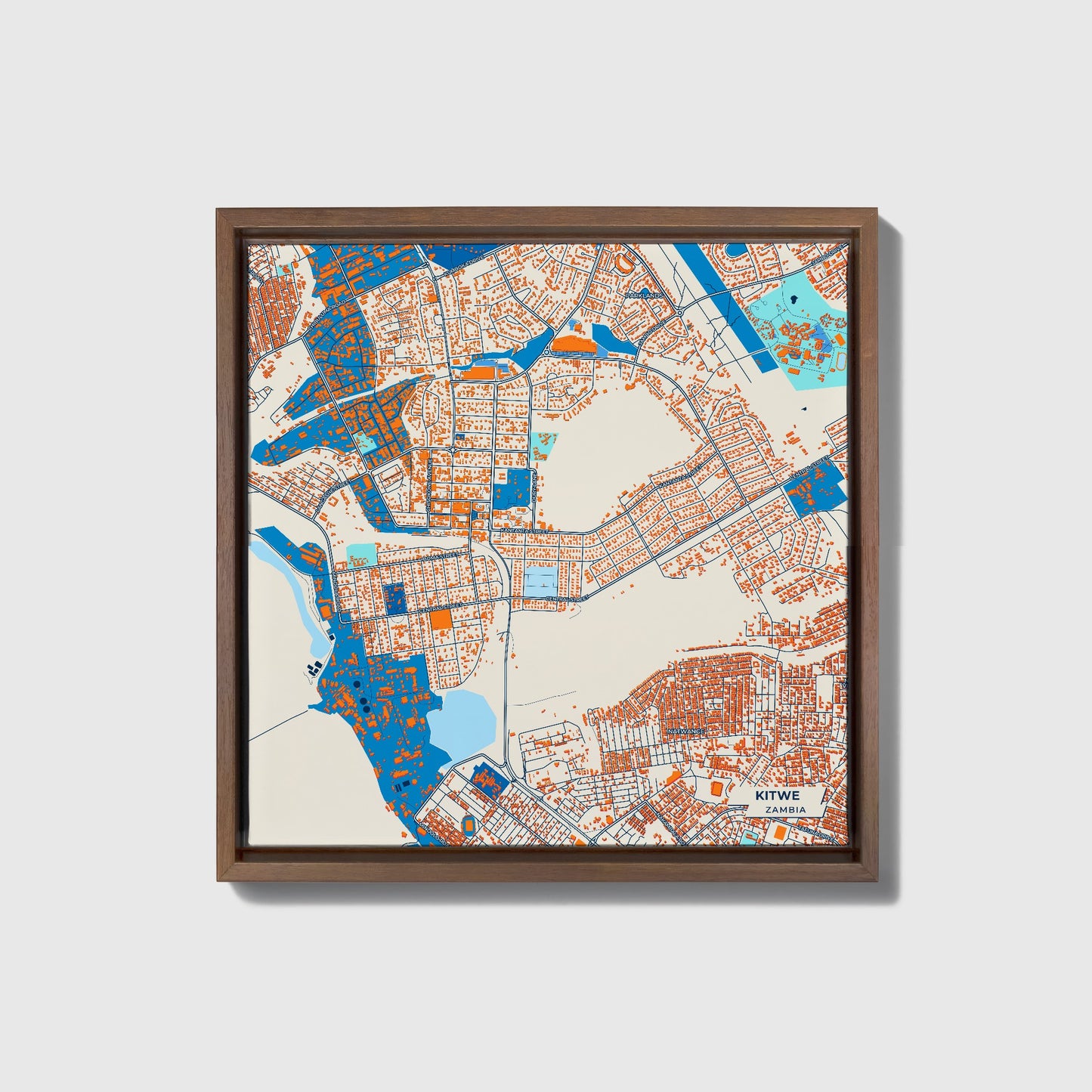 Kitwe Zambia Colorful City Map Canvas Print • Dark Wooden Framed