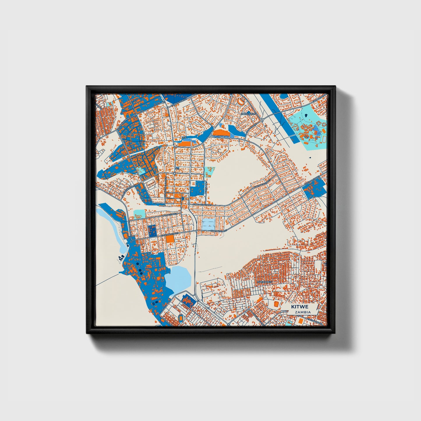 Kitwe Zambia Colorful City Map Canvas Print • Black Framed