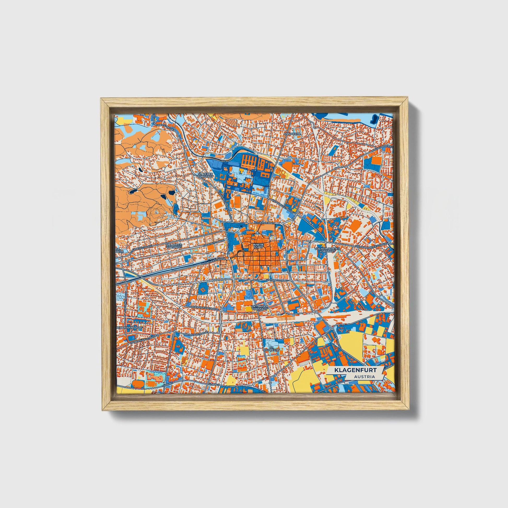 Klagenfurt Austria Colorful City Map Canvas Print • Natural Wooden Framed