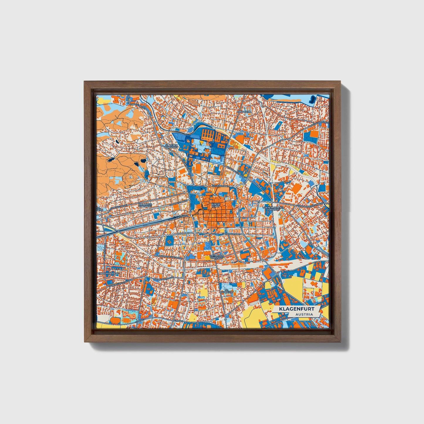 Klagenfurt Austria Colorful City Map Canvas Print • Dark Wooden Framed