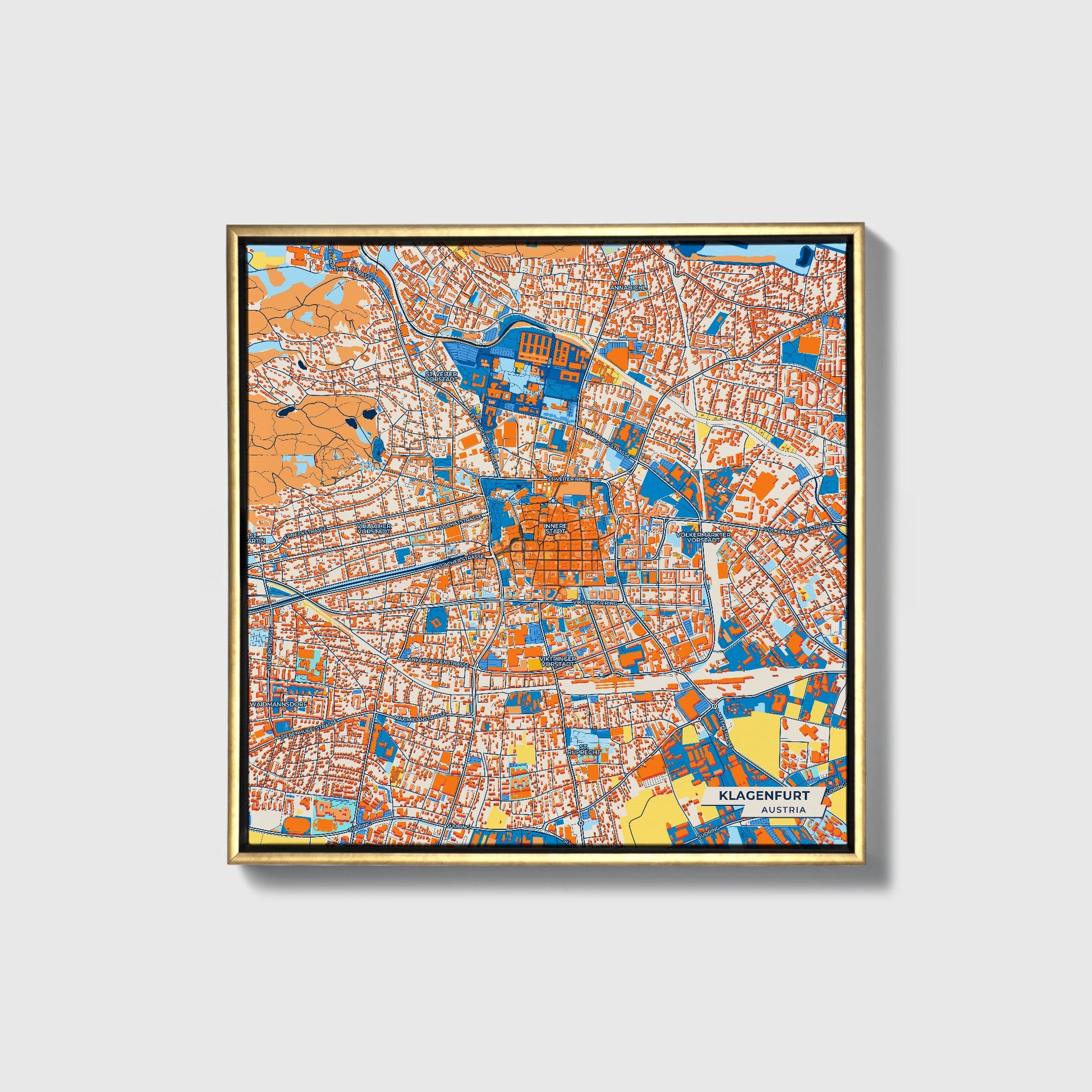 Klagenfurt Austria Colorful City Map Canvas Print • Gold Framed