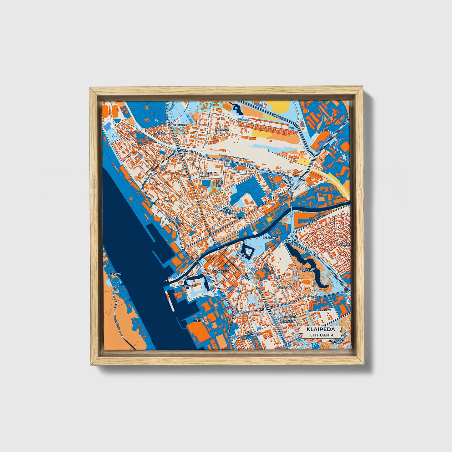 Klaipėda Lithuania Colorful City Map Canvas Print • Natural Wooden Framed