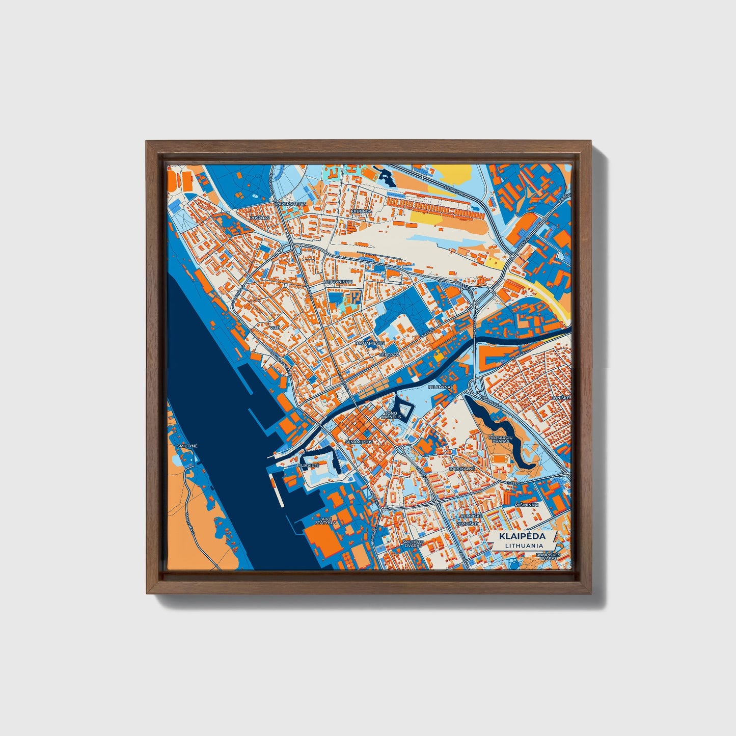Klaipėda Lithuania Colorful City Map Canvas Print • Dark Wooden Framed