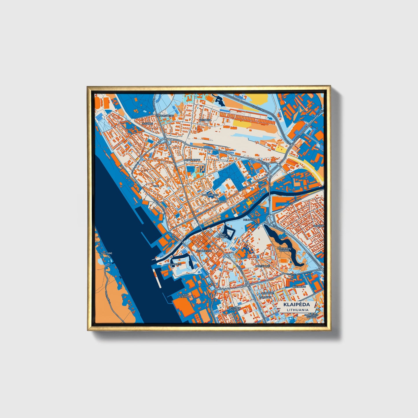 Klaipėda Lithuania Colorful City Map Canvas Print • Gold Framed