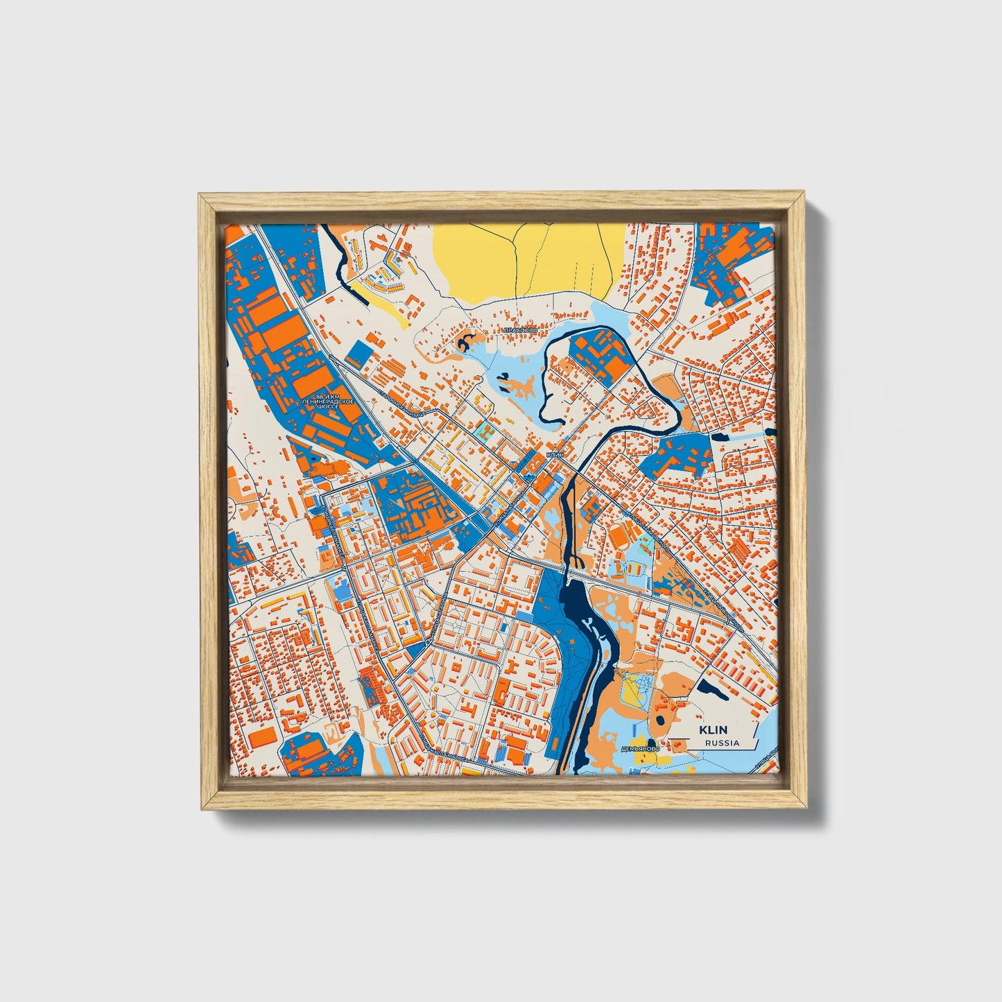 Клин Russia Colorful City Map Canvas Print • Natural Wooden Framed