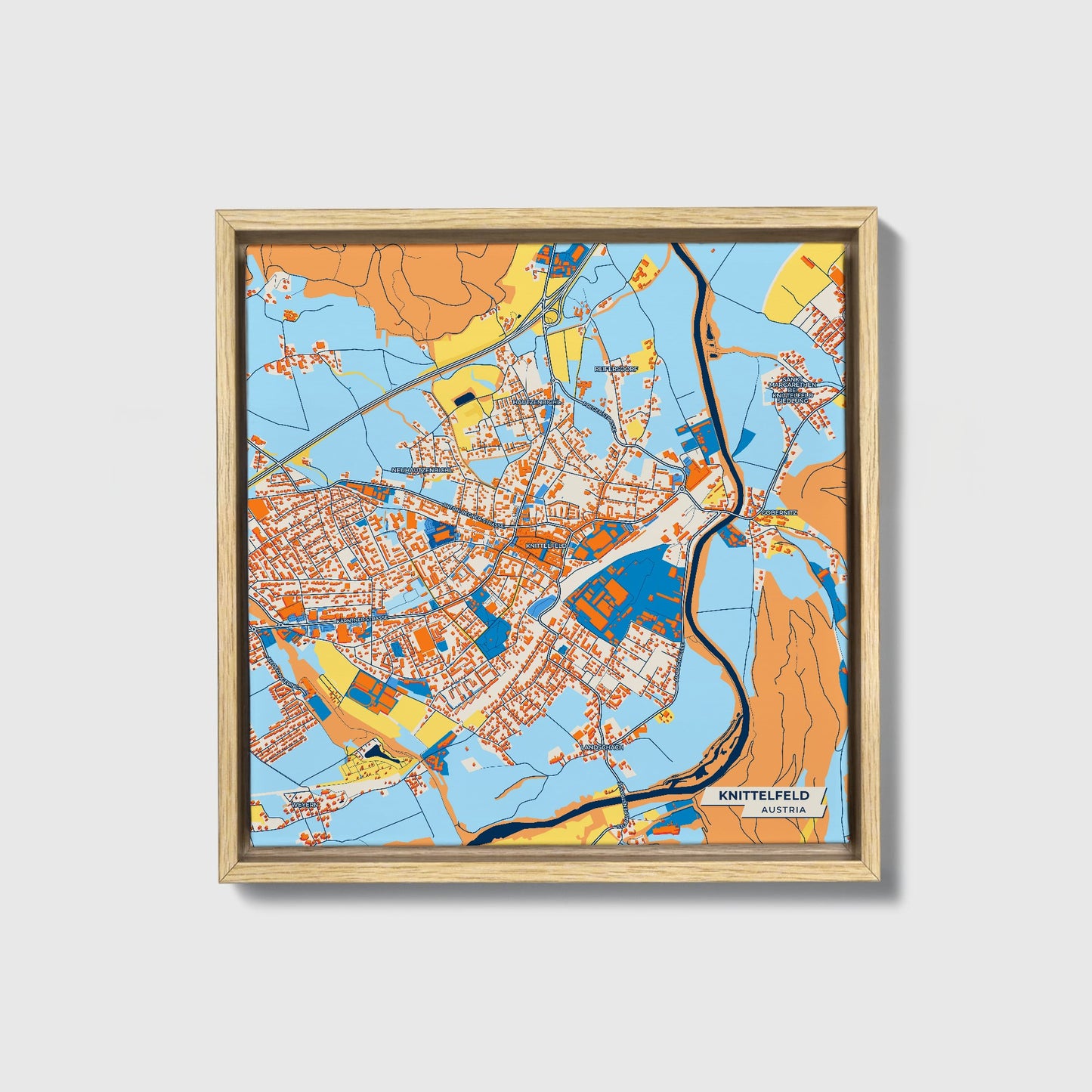 Knittelfeld Austria Colorful City Map Canvas Print • Natural Wooden Framed