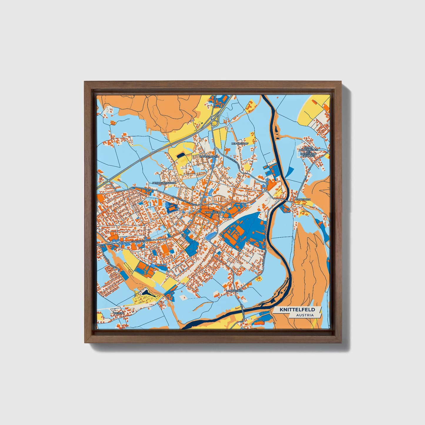 Knittelfeld Austria Colorful City Map Canvas Print • Dark Wooden Framed