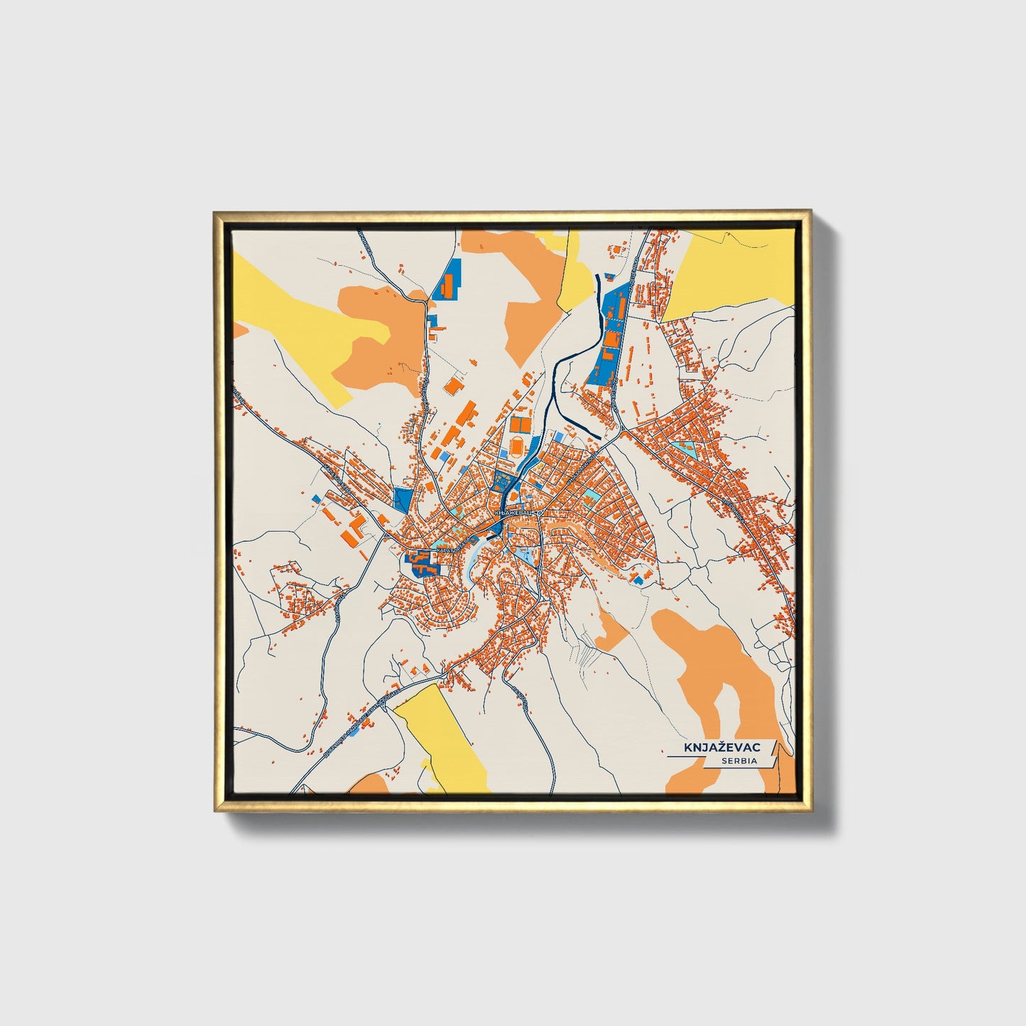 Књажевац Serbia Colorful City Map Canvas Print • Gold Framed