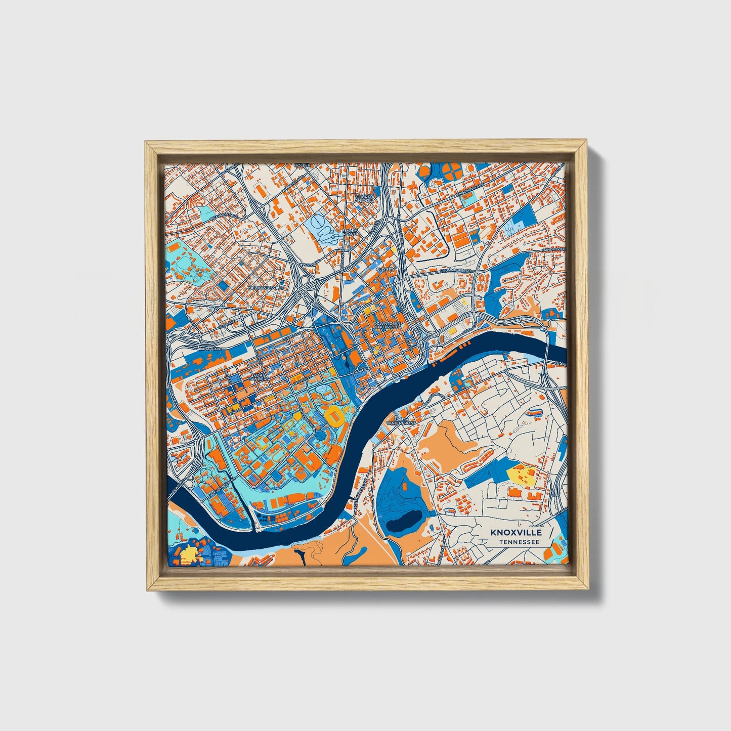 Knoxville Tennessee Colorful City Map Canvas Print • Natural Wooden Framed