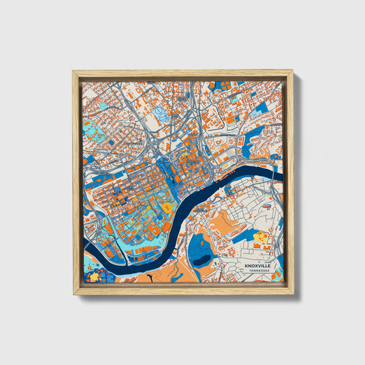 Knoxville Tennessee Colorful City Map Canvas Print • Natural Wooden Framed