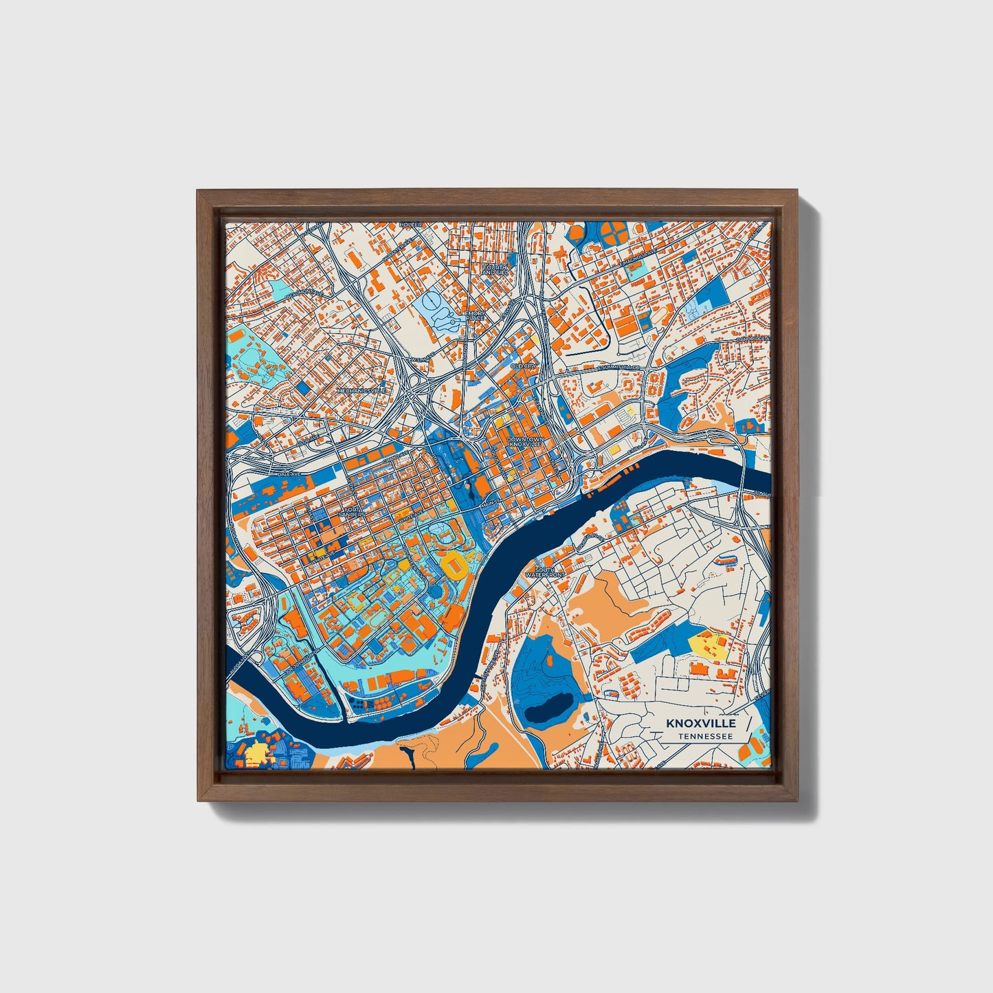 Knoxville Tennessee Colorful City Map Canvas Print • Dark Wooden Framed