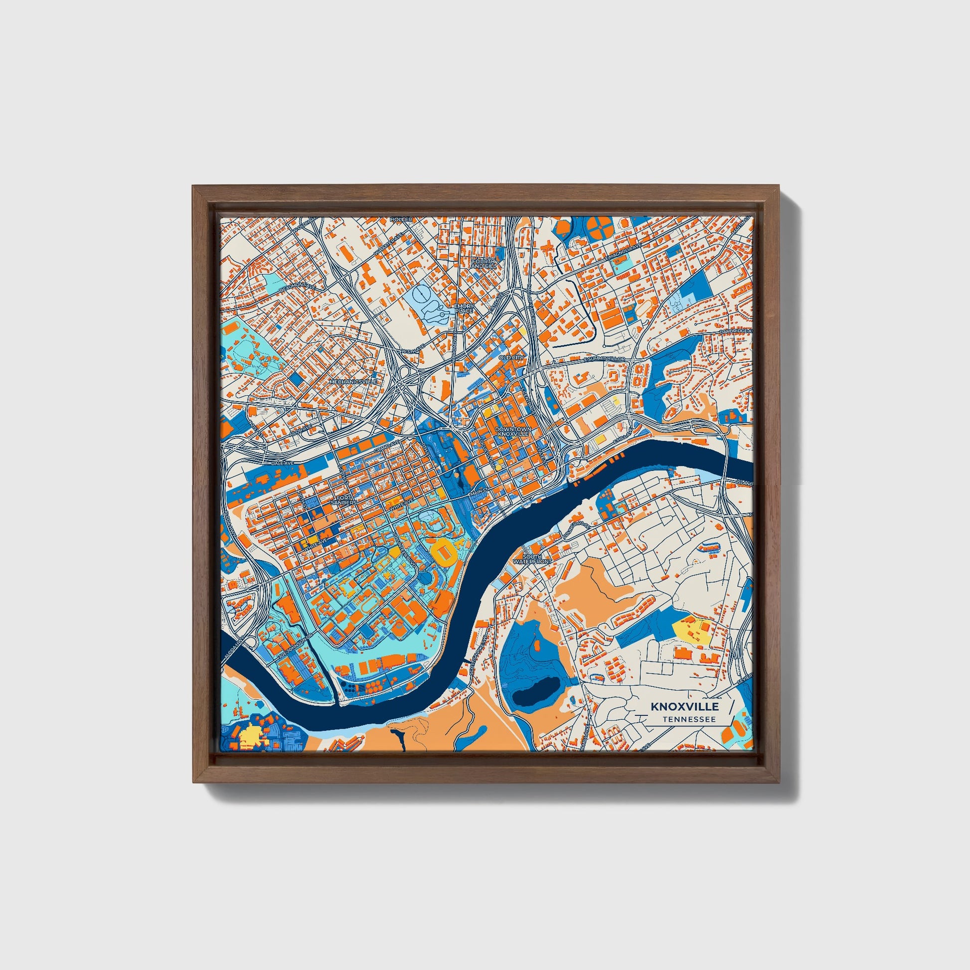 Knoxville Tennessee Colorful City Map Canvas Print • Dark Wooden Framed