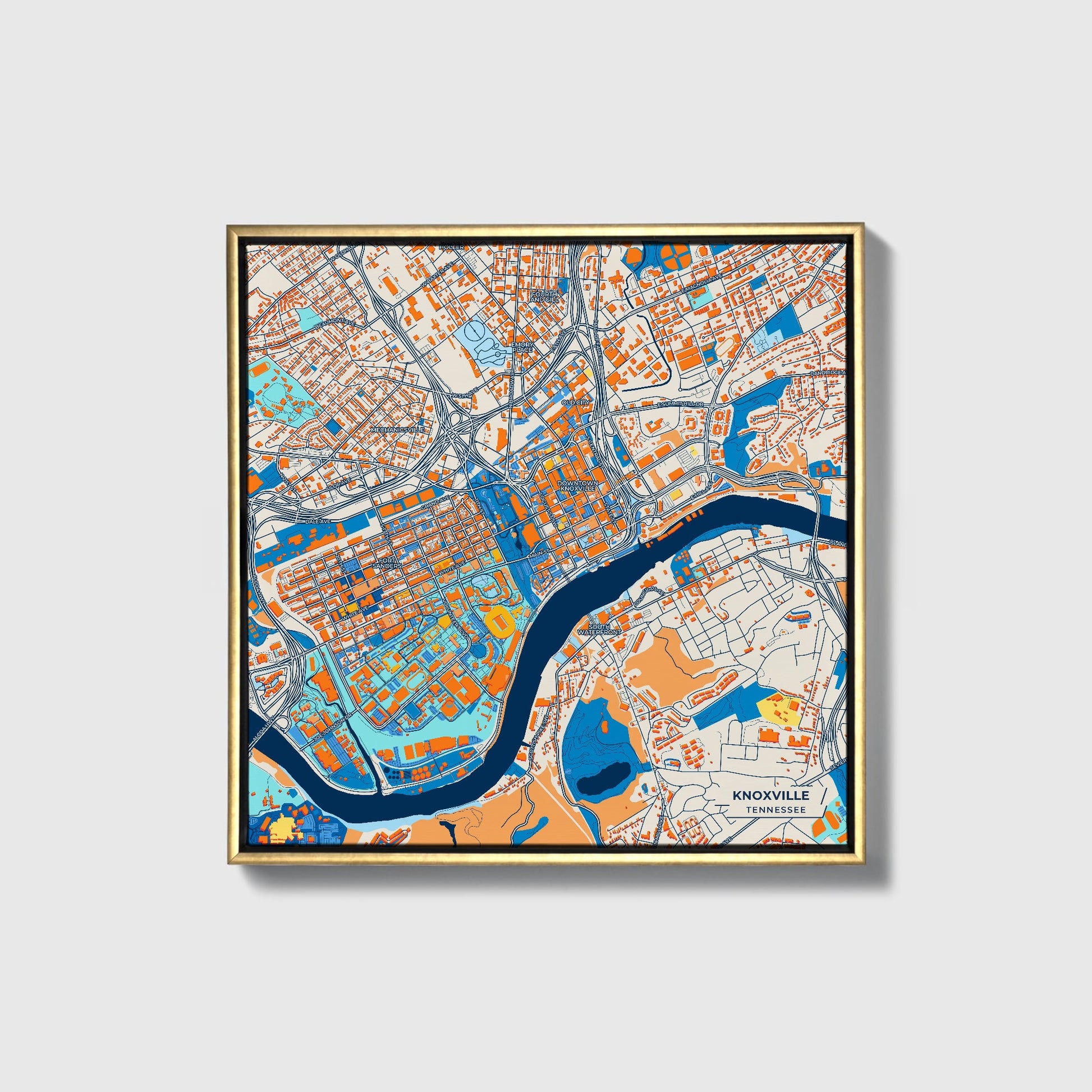 Knoxville Tennessee Colorful City Map Canvas Print • Gold Framed