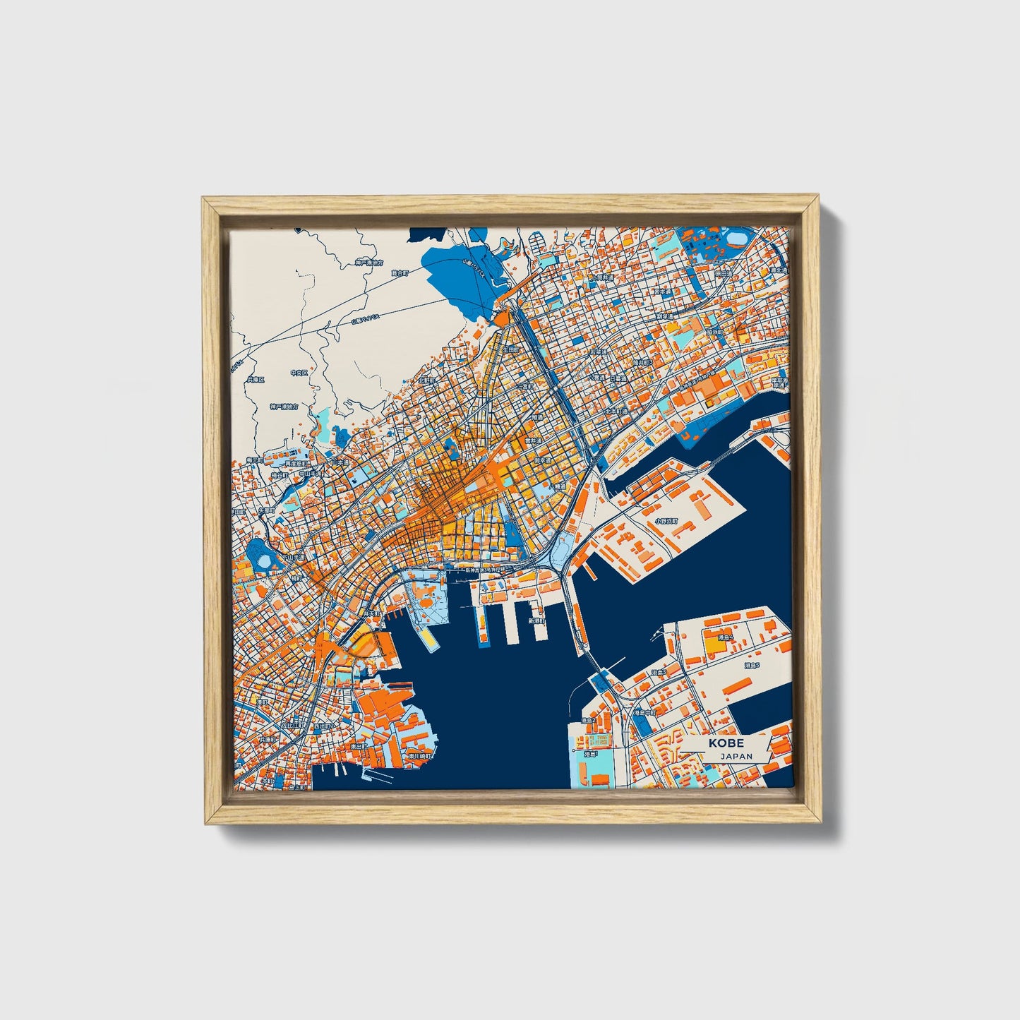 Kobe Japan Colorful City Map Canvas Print • Natural Wooden Framed