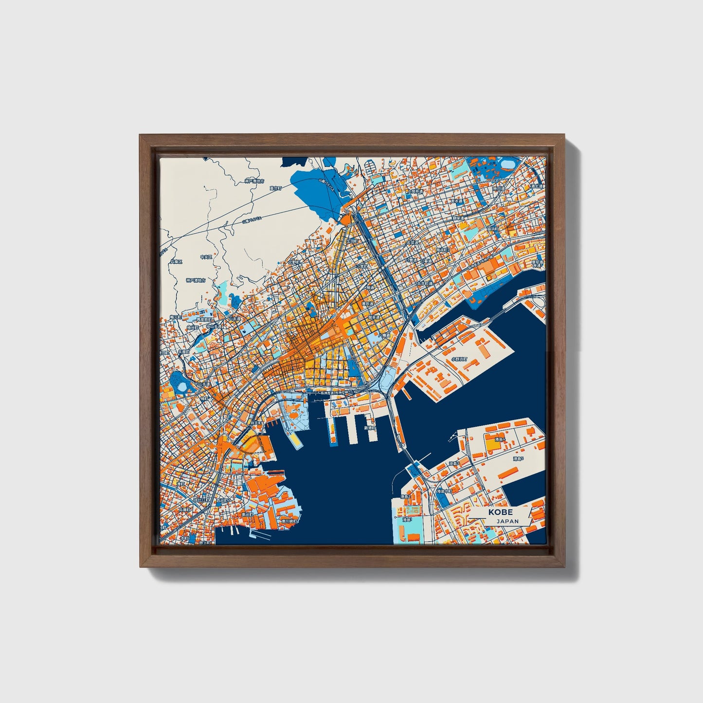Kobe Japan Colorful City Map Canvas Print • Dark Wooden Framed