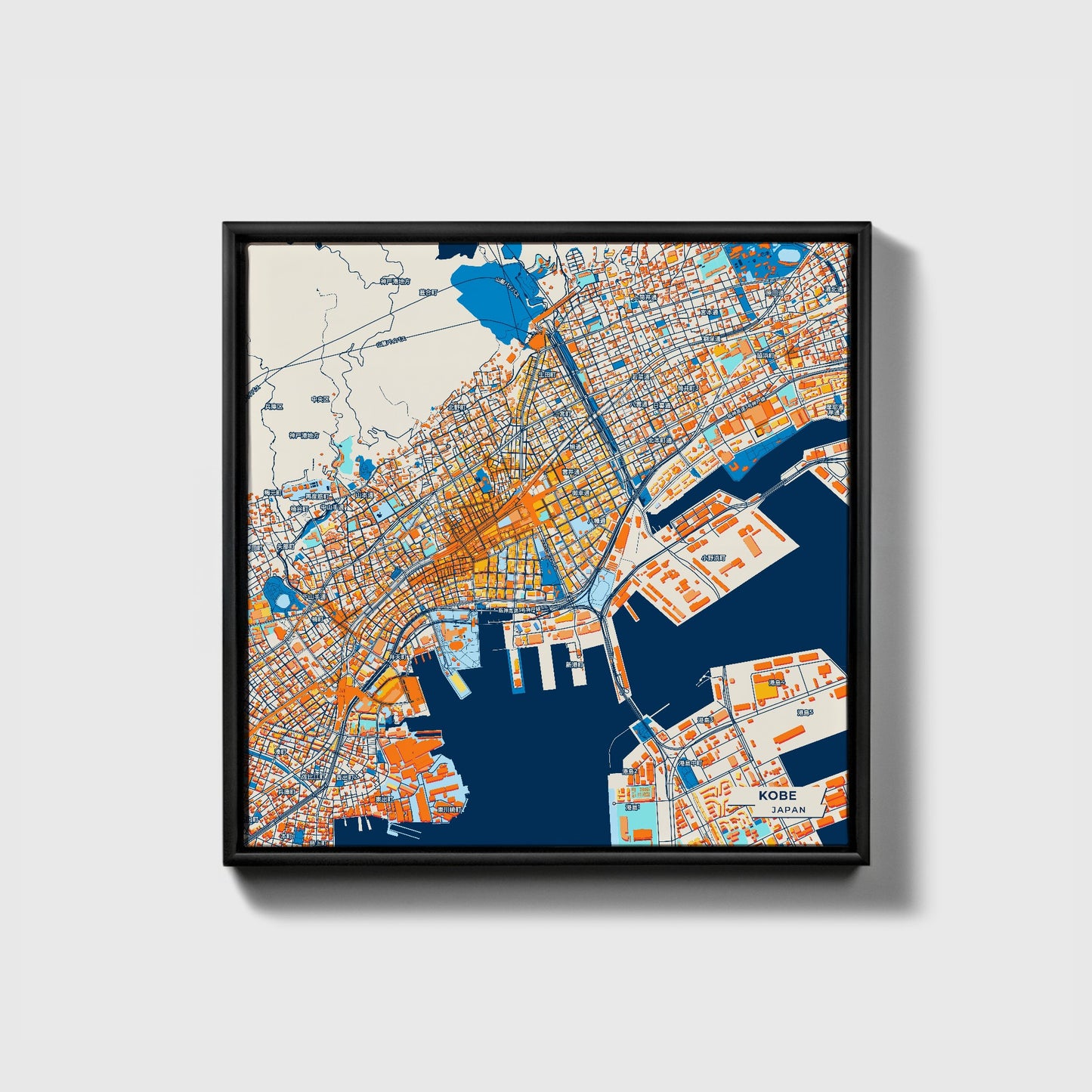 Kobe Japan Colorful City Map Canvas Print • Black Framed