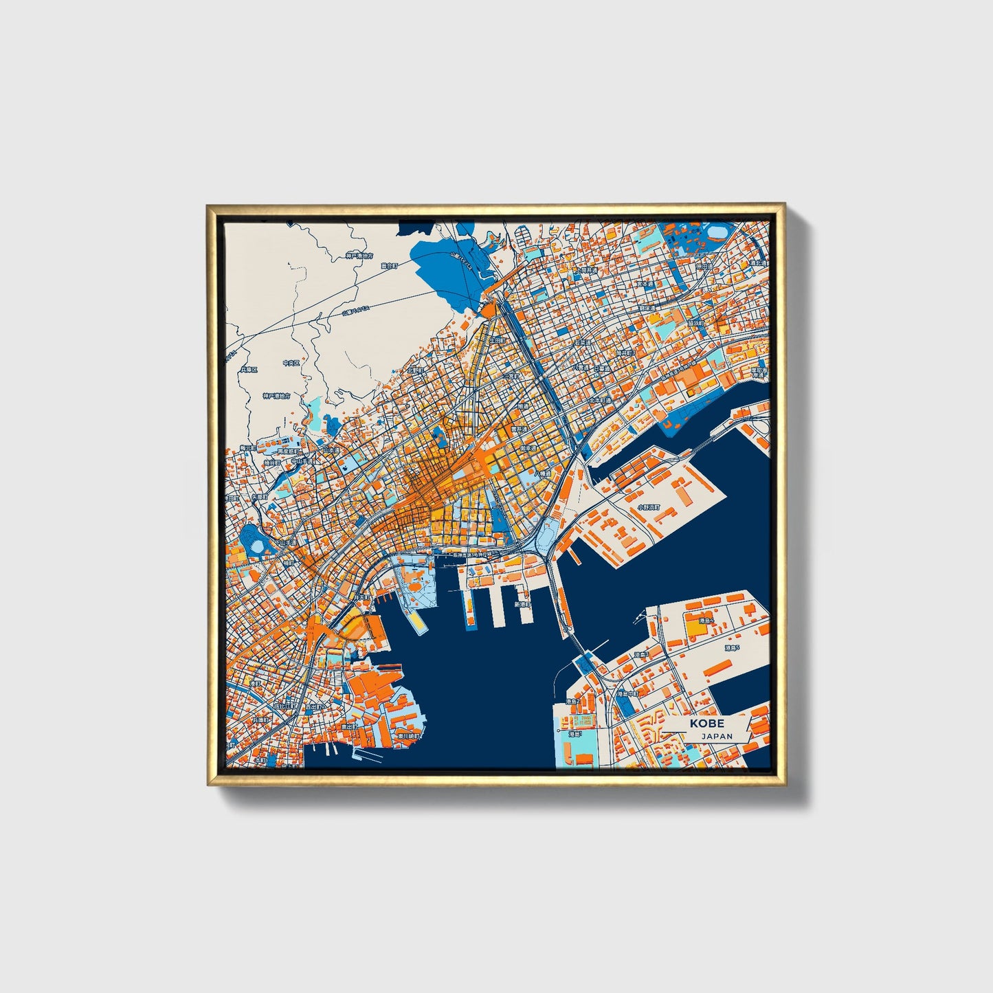 Kobe Japan Colorful City Map Canvas Print • Gold Framed