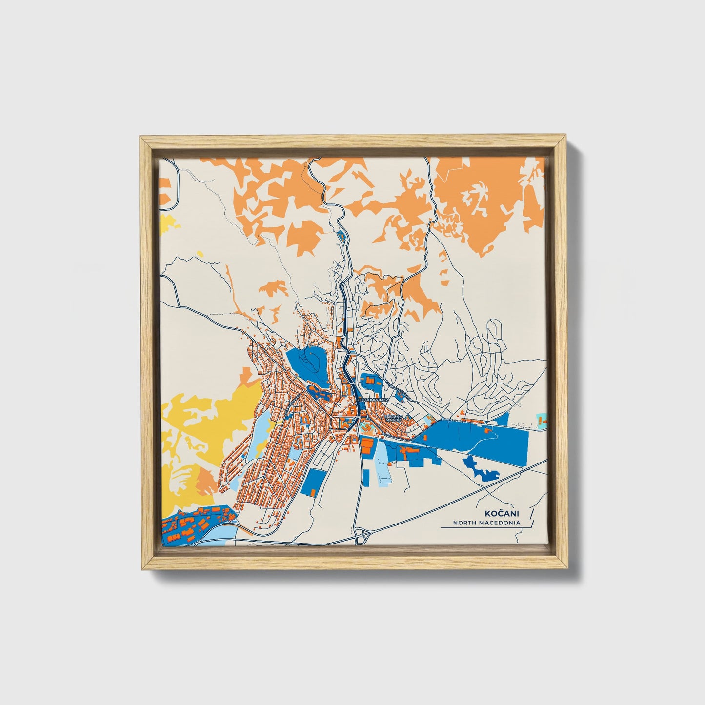 Kočani North Macedonia Colorful City Map Canvas Print • Natural Wooden Framed