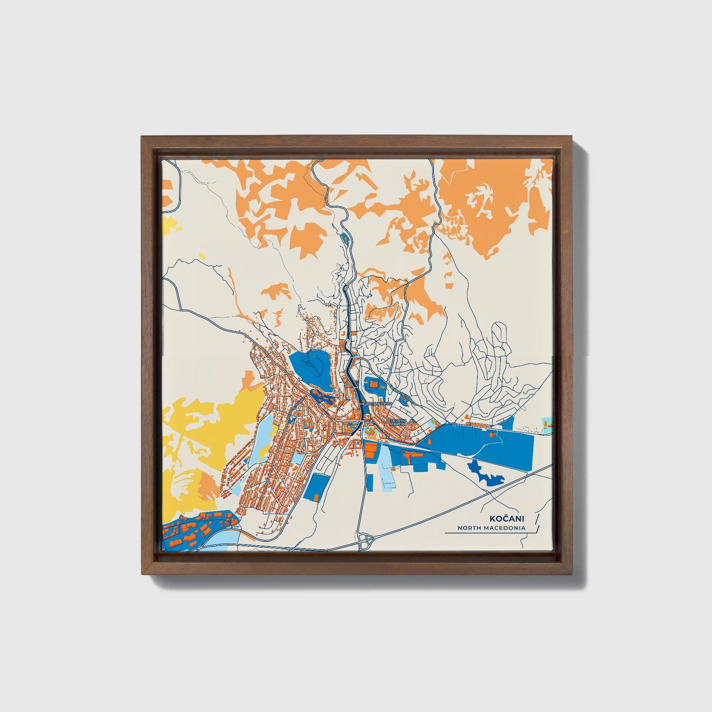 Kočani North Macedonia Colorful City Map Canvas Print • Dark Wooden Framed