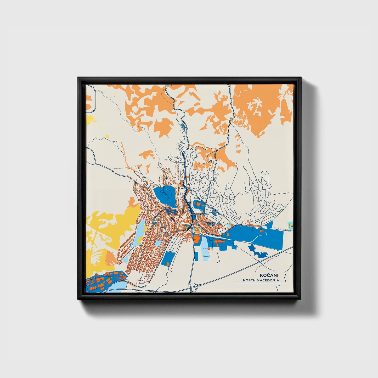 Kočani North Macedonia Colorful City Map Canvas Print • Black Framed