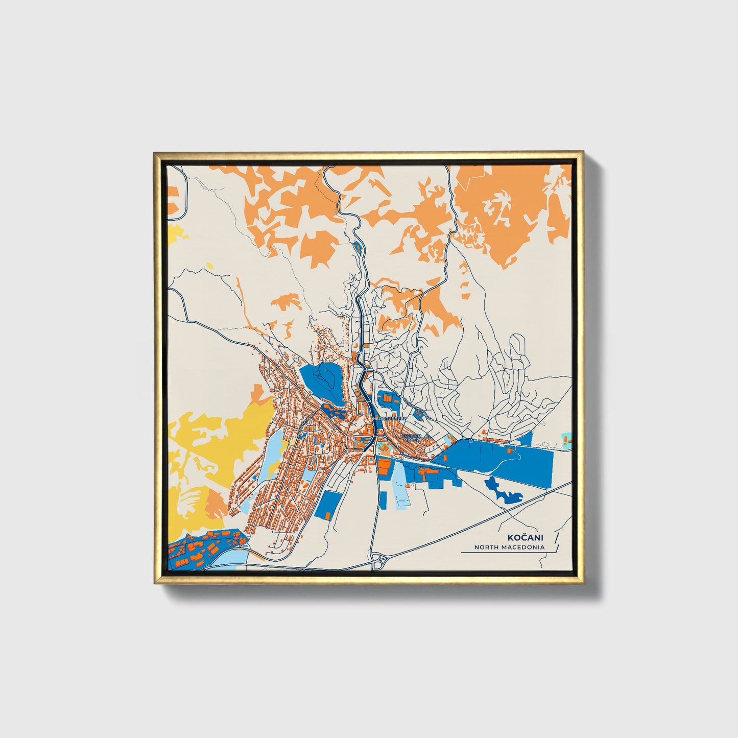 Kočani North Macedonia Colorful City Map Canvas Print • Gold Framed
