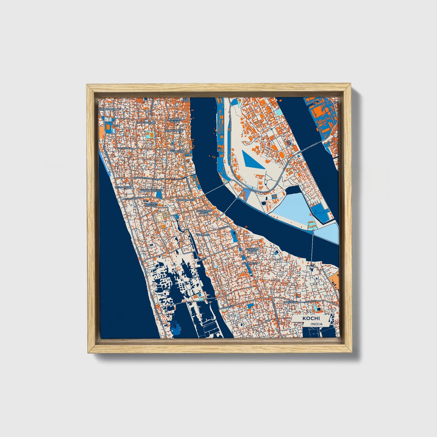 Kochi India Colorful City Map Canvas Print • Natural Wooden Framed
