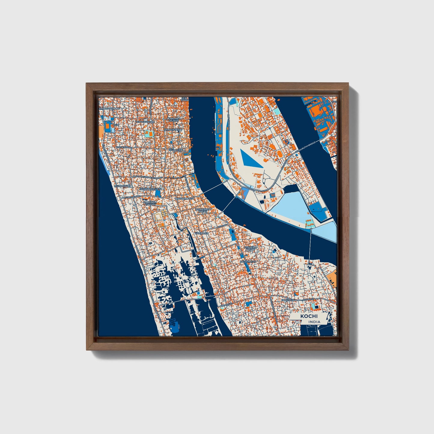Kochi India Colorful City Map Canvas Print • Dark Wooden Framed