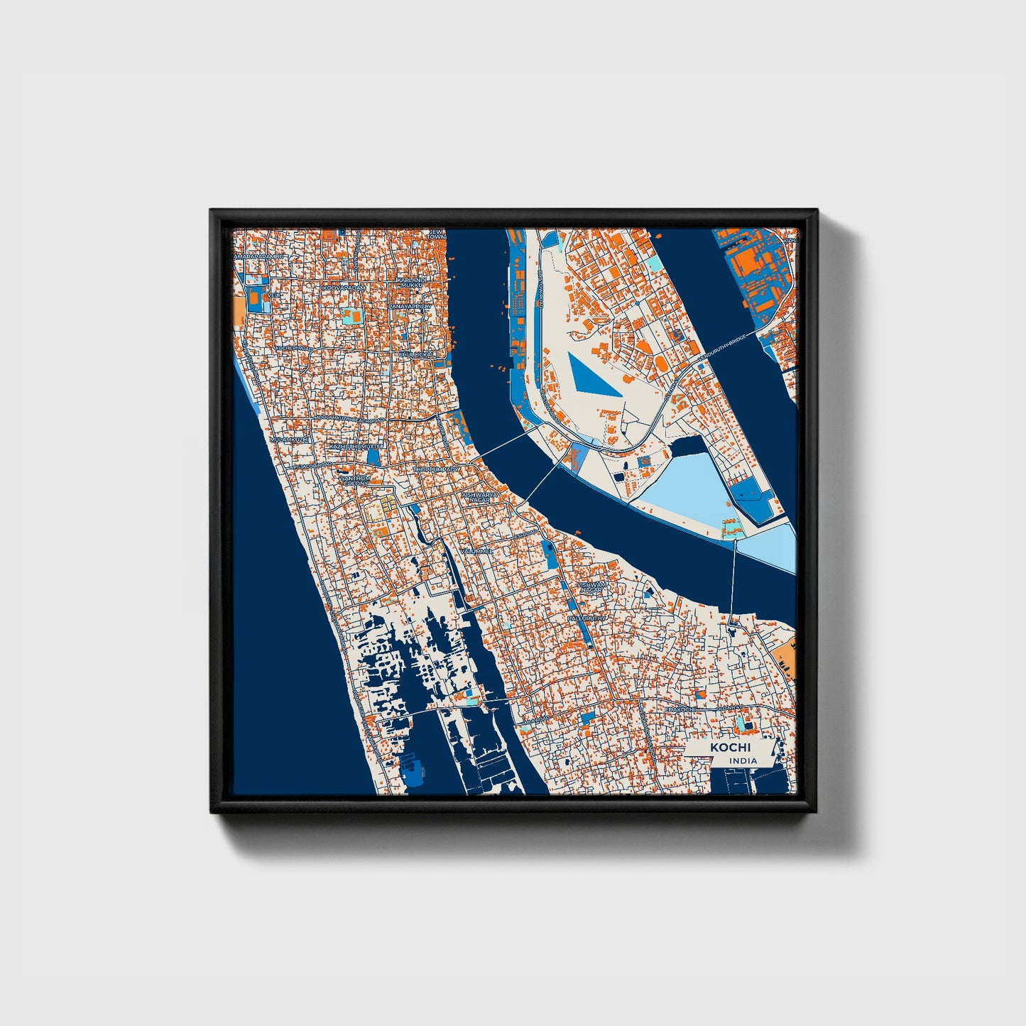 Kochi India Colorful City Map Canvas Print • Black Framed