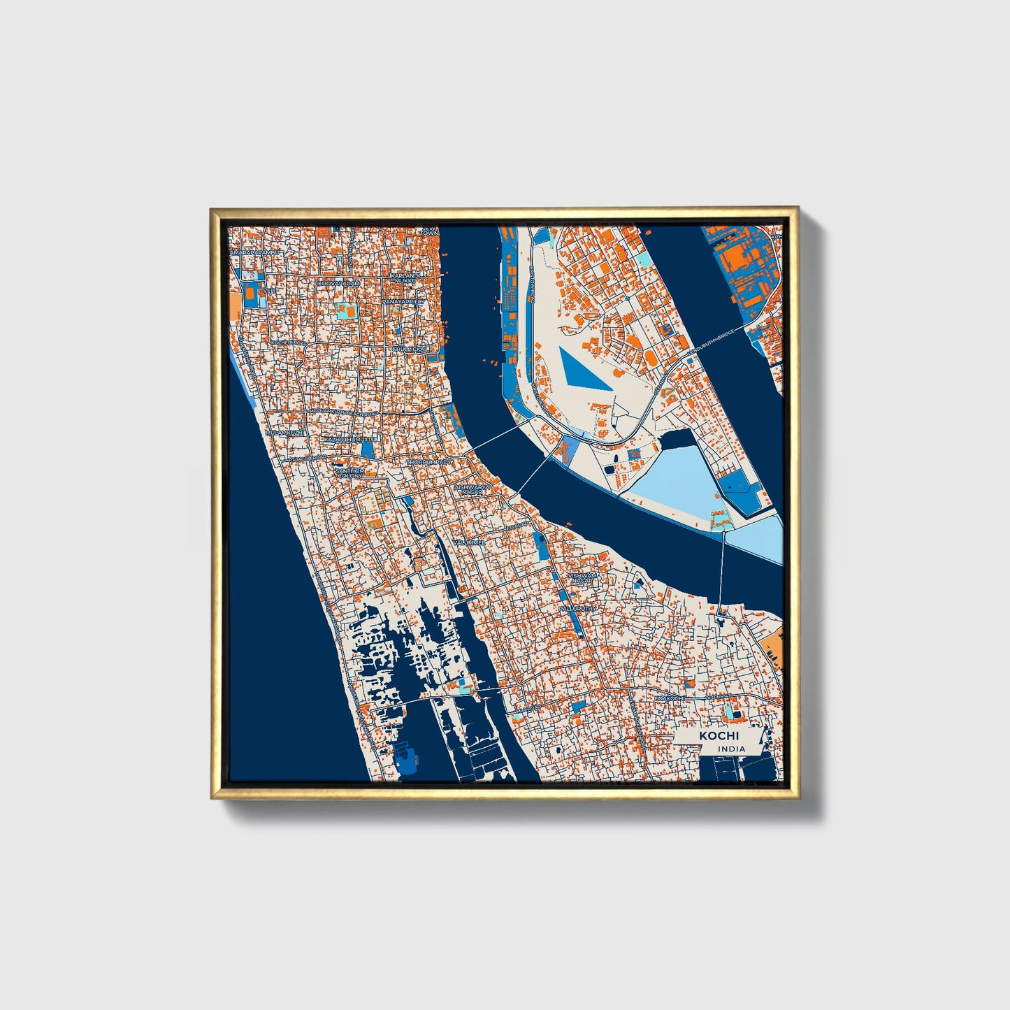 Kochi India Colorful City Map Canvas Print • Gold Framed