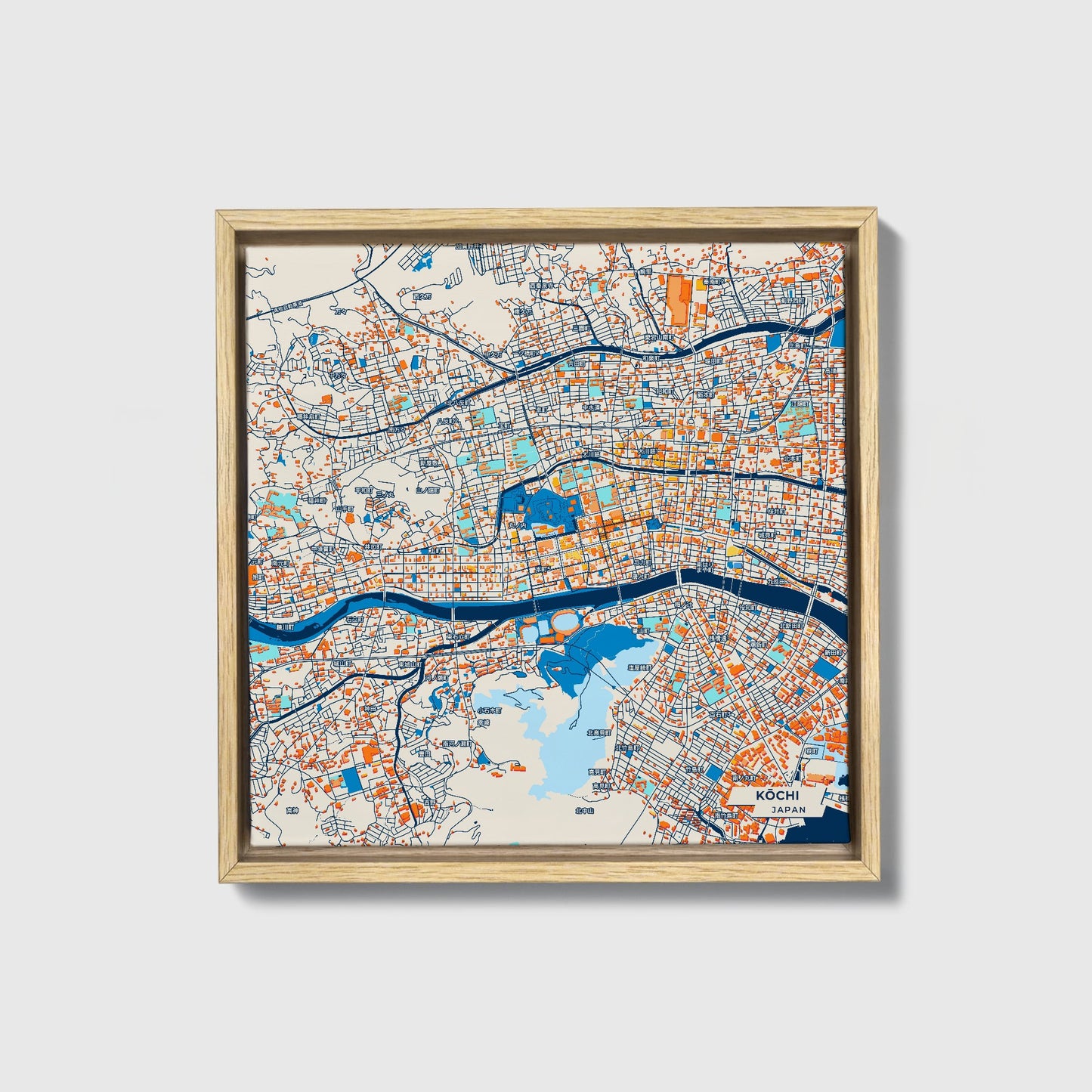 Kōchi Japan Colorful City Map Canvas Print • Natural Wooden Framed