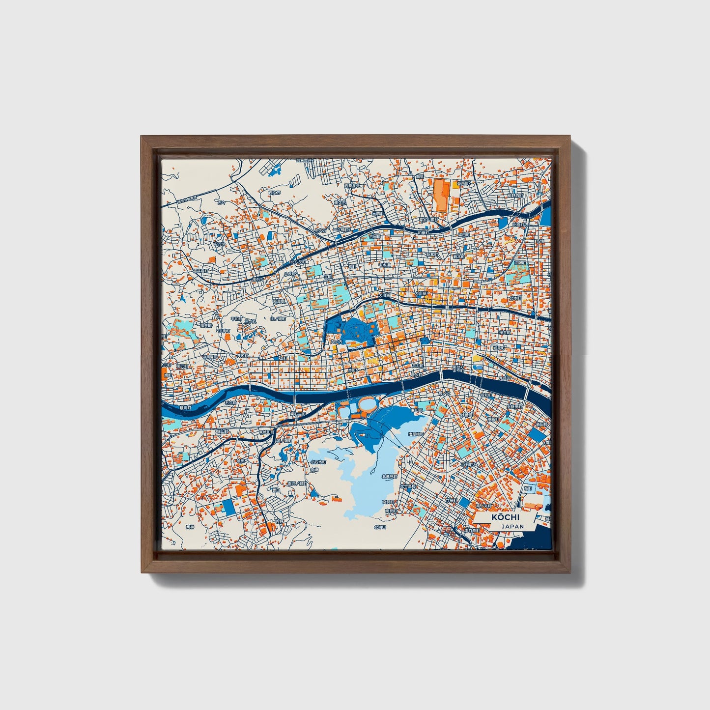 Kōchi Japan Colorful City Map Canvas Print • Dark Wooden Framed