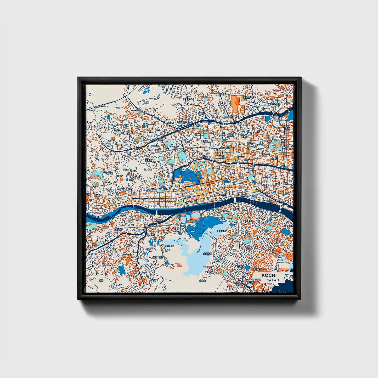 Kōchi Japan Colorful City Map Canvas Print • Black Framed