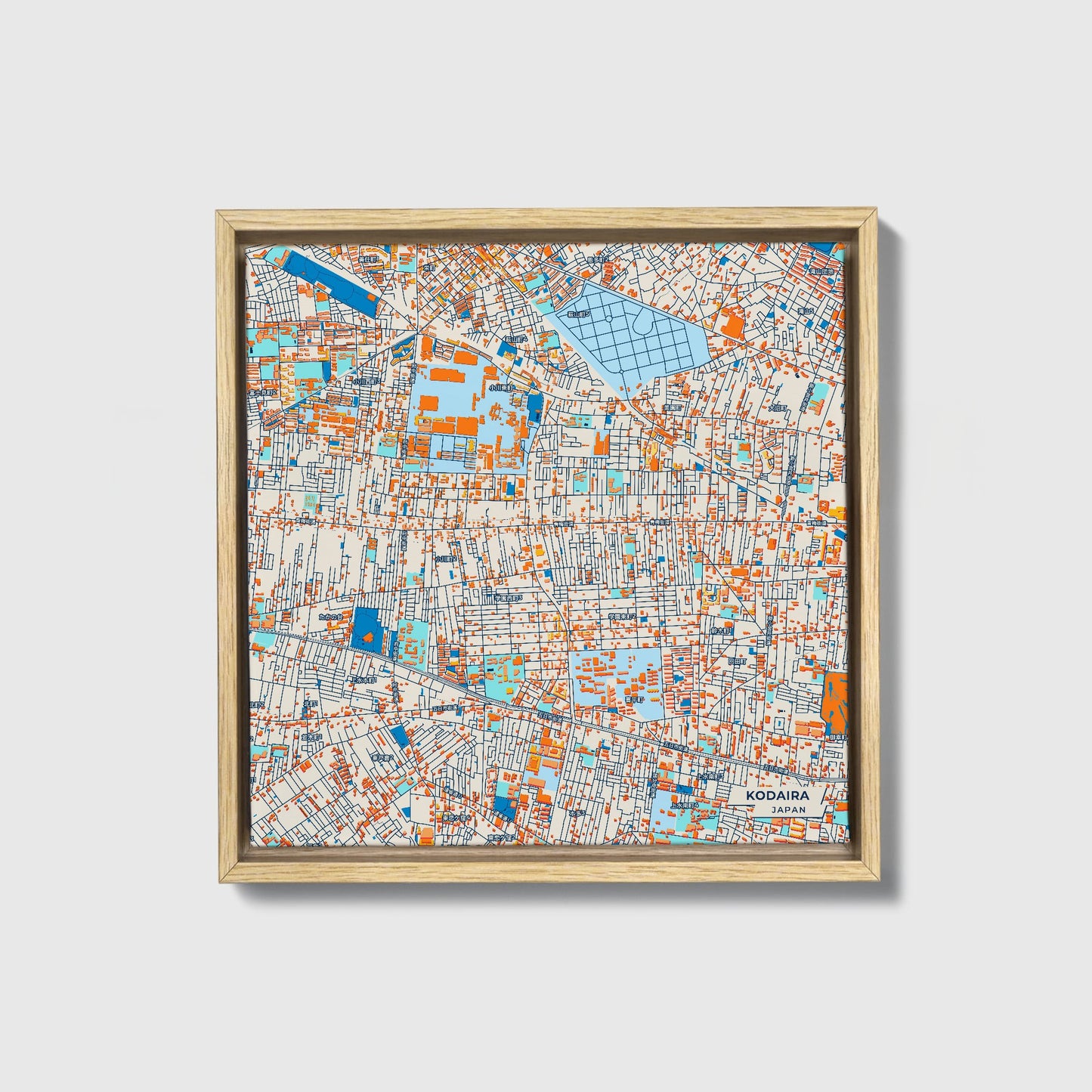 Kodaira Japan Colorful City Map Canvas Print • Natural Wooden Framed