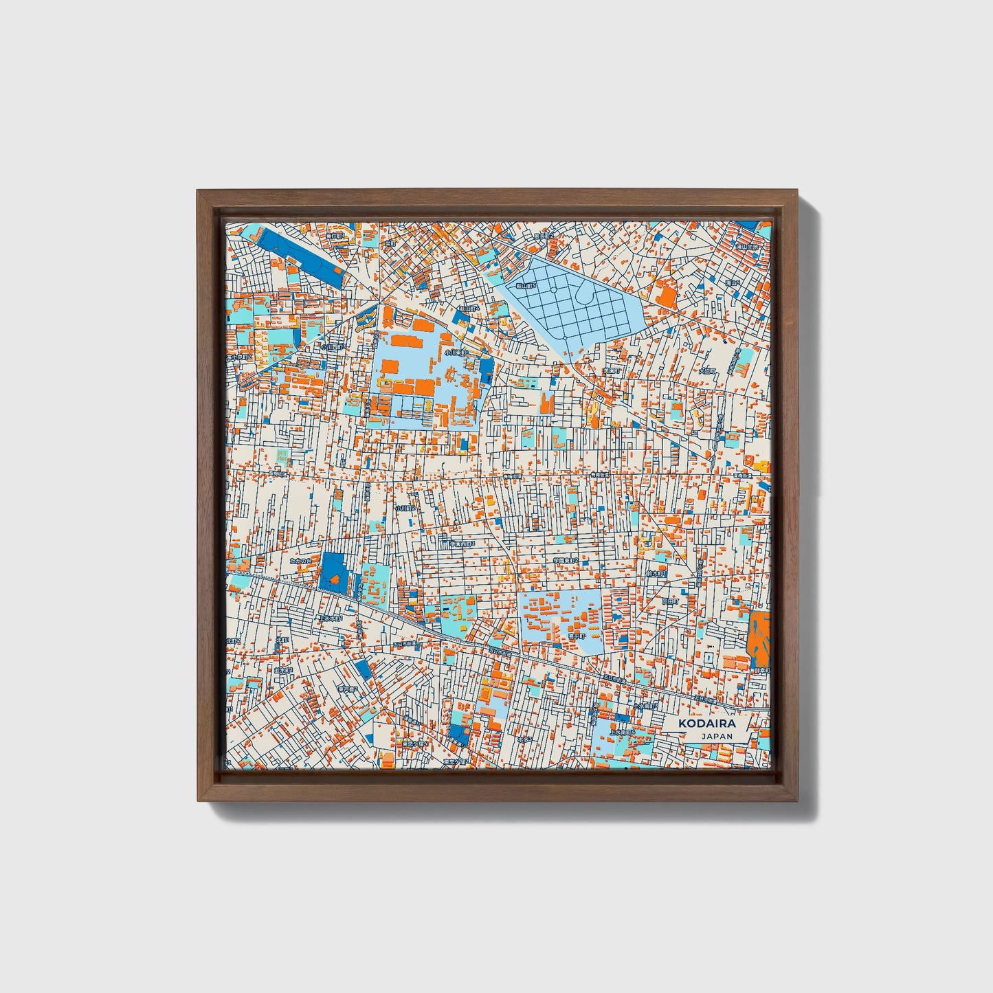 Kodaira Japan Colorful City Map Canvas Print • Dark Wooden Framed