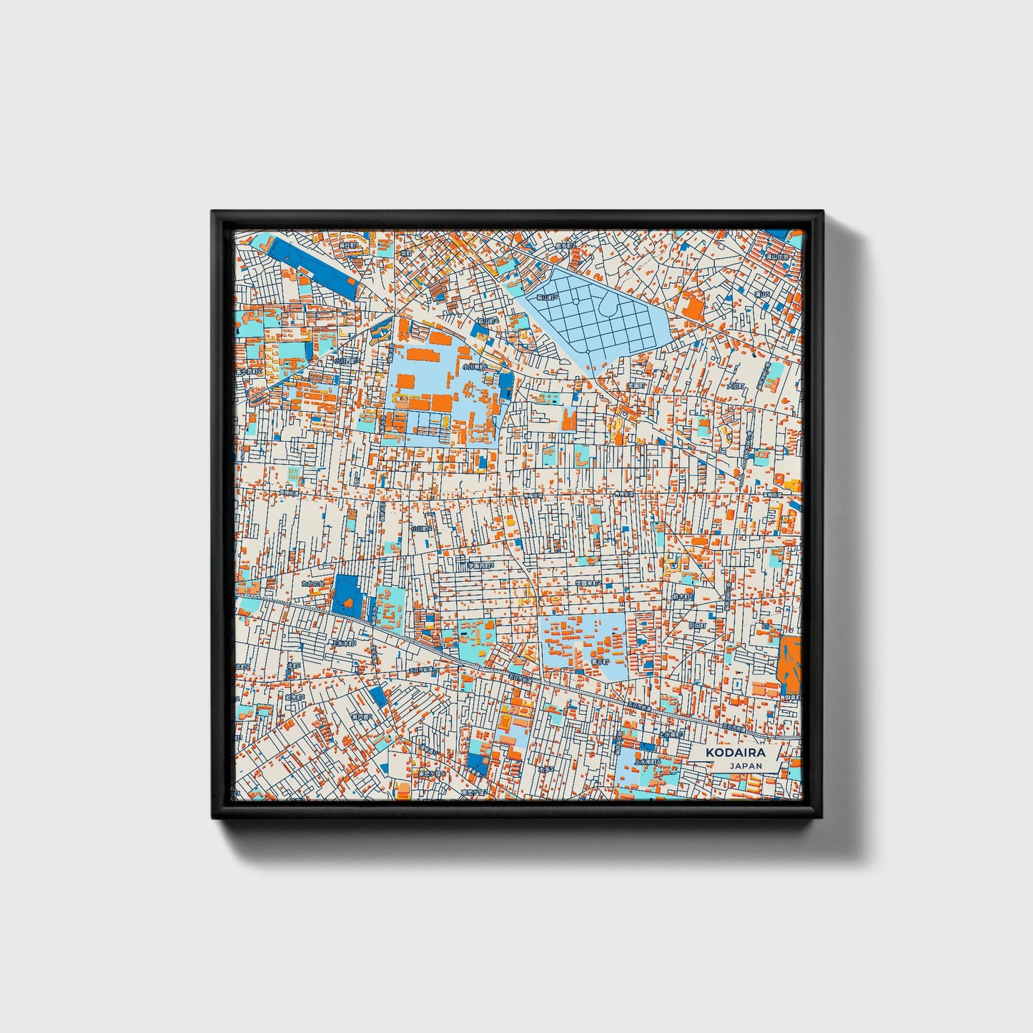 Kodaira Japan Colorful City Map Canvas Print • Black Framed