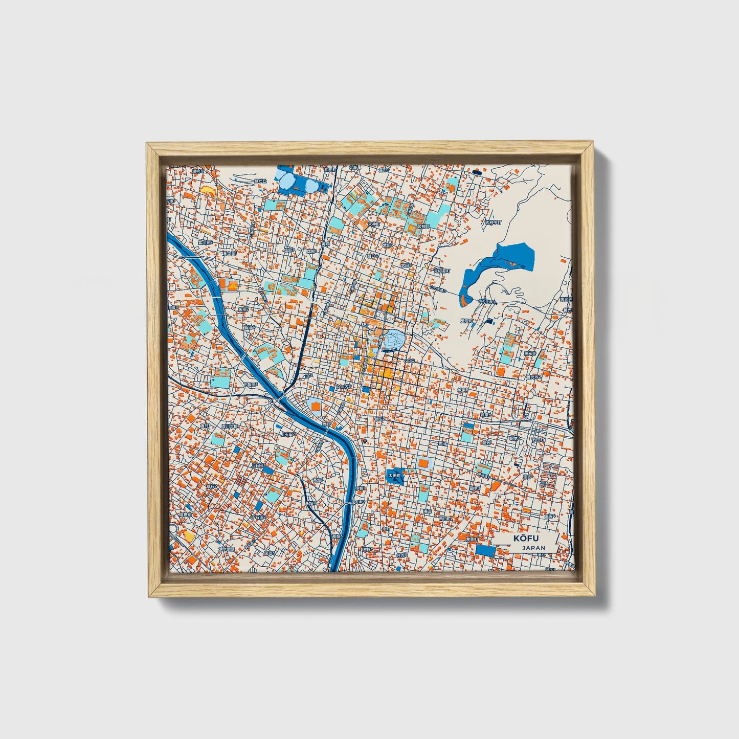Kōfu Japan Colorful City Map Canvas Print • Natural Wooden Framed