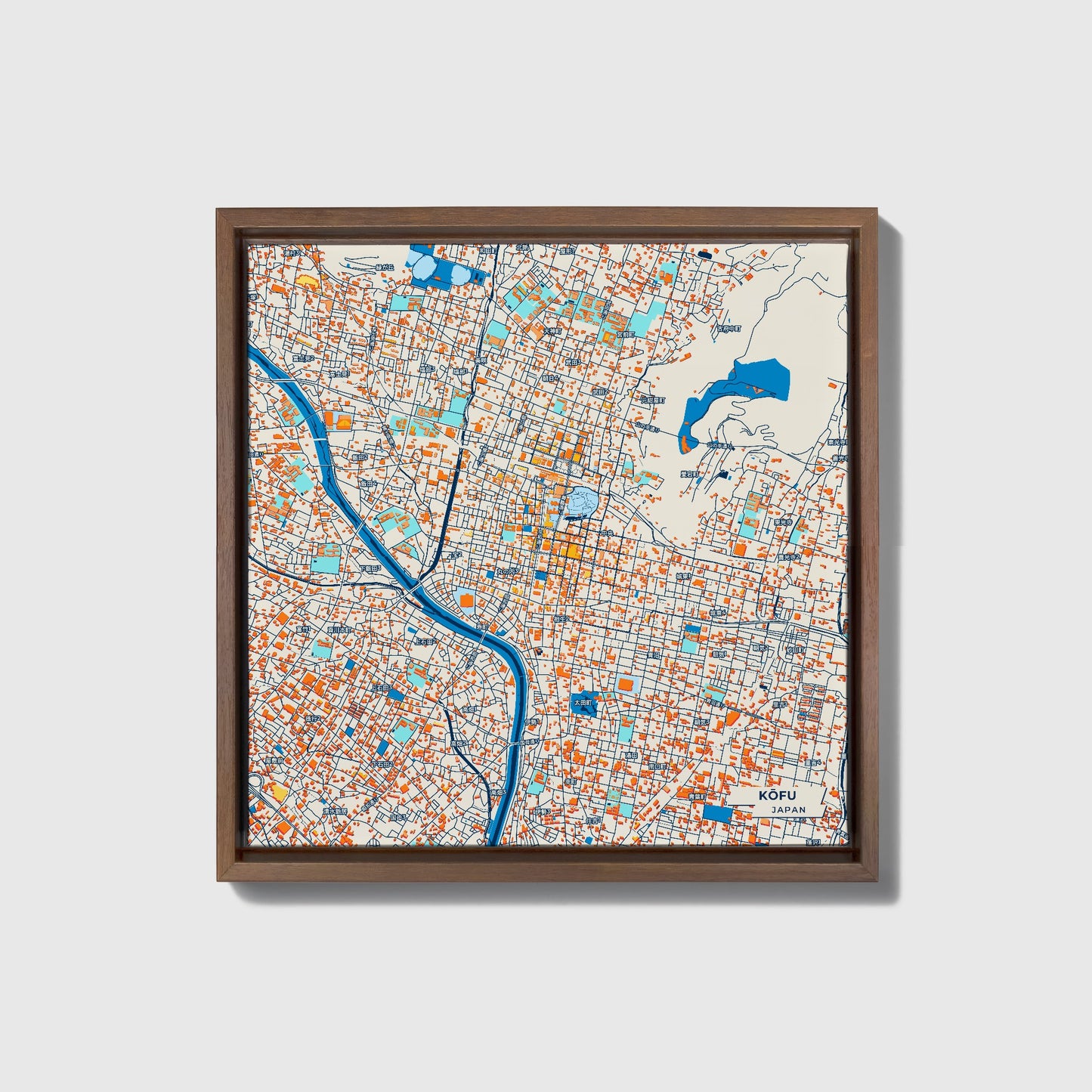 Kōfu Japan Colorful City Map Canvas Print • Dark Wooden Framed