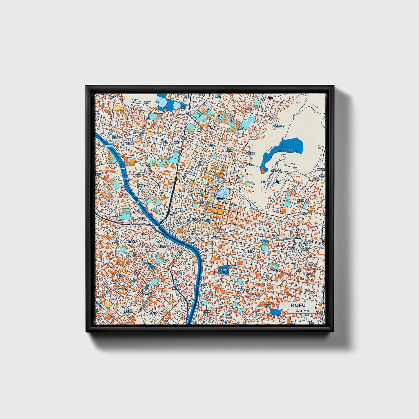 Kōfu Japan Colorful City Map Canvas Print • Black Framed