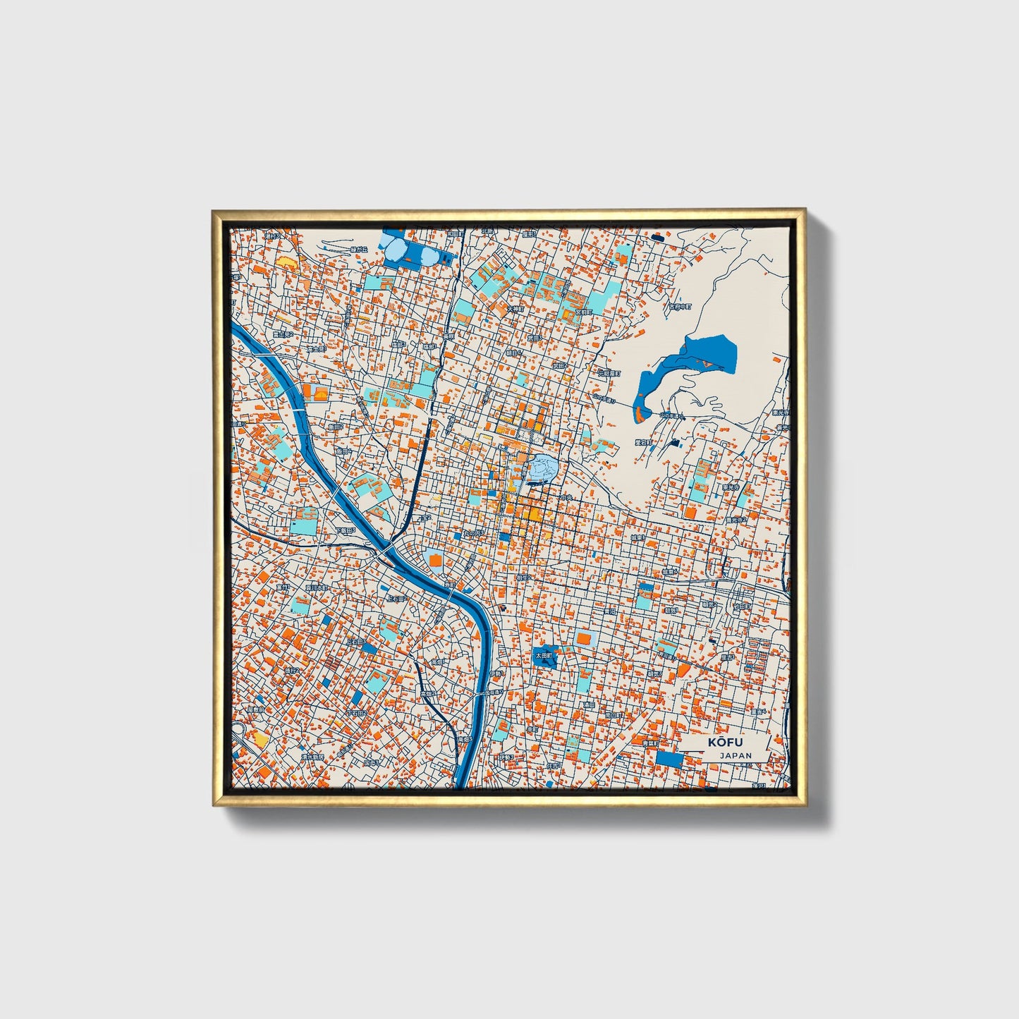Kōfu Japan Colorful City Map Canvas Print • Gold Framed