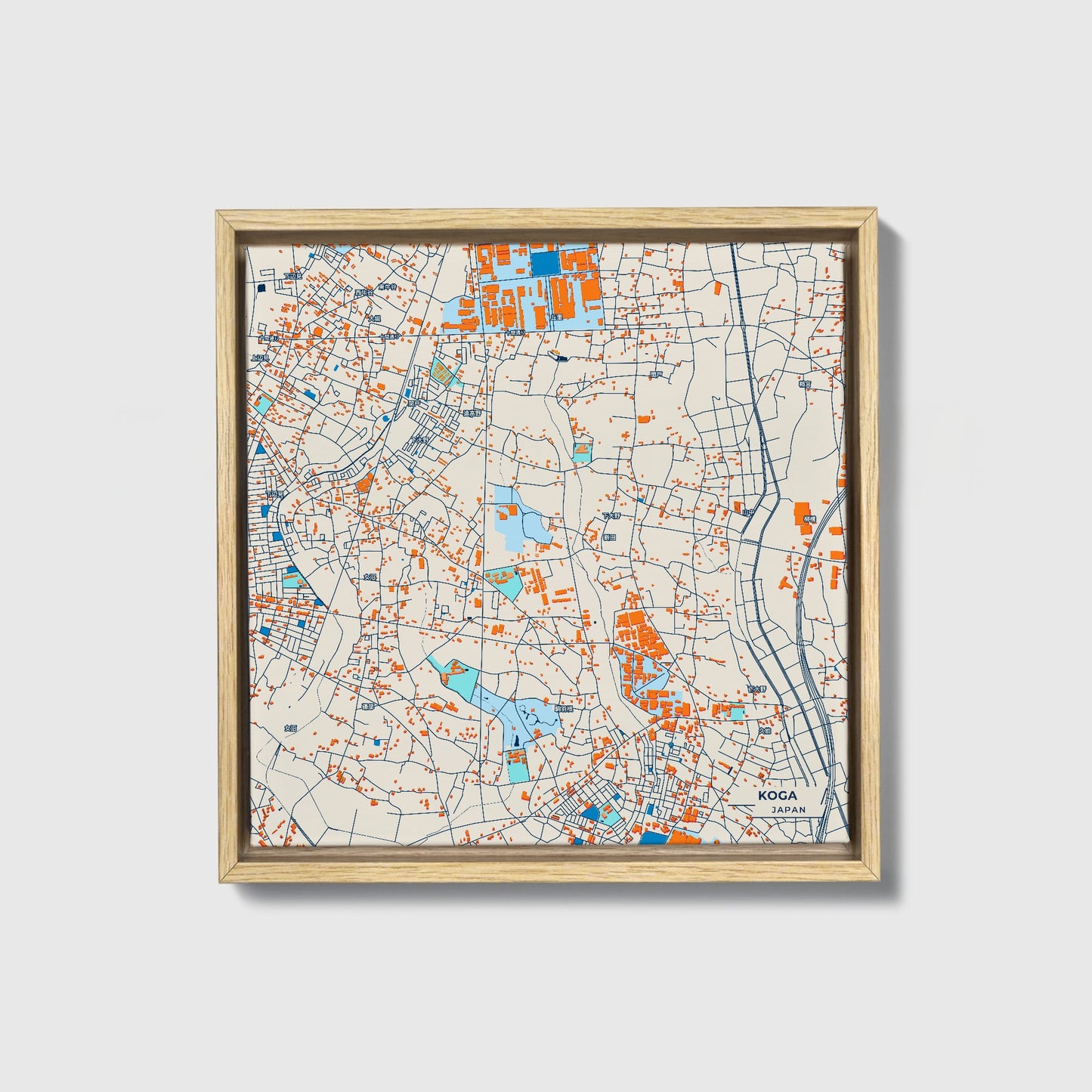 Koga Japan Colorful City Map Canvas Print • Natural Wooden Framed