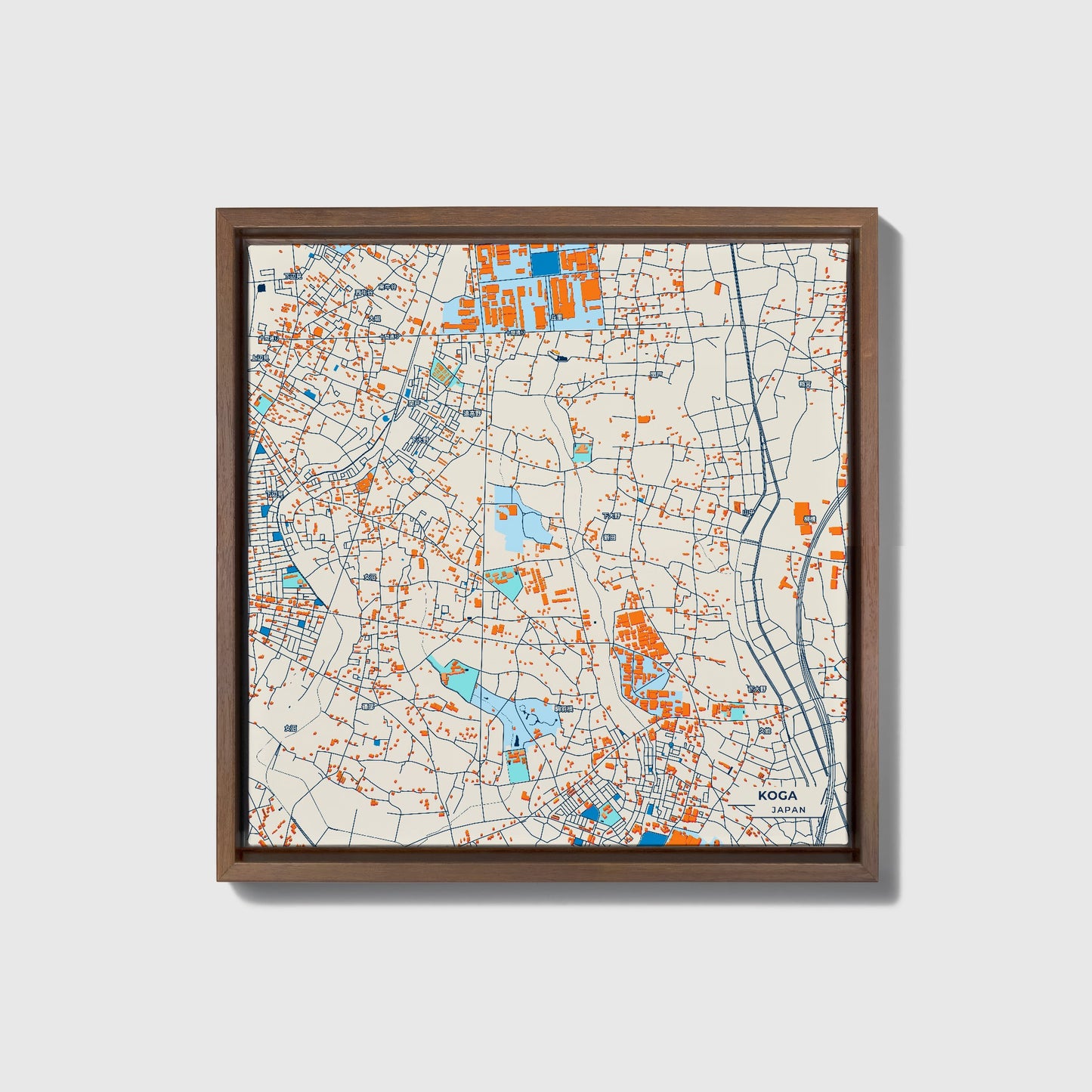 Koga Japan Colorful City Map Canvas Print • Dark Wooden Framed