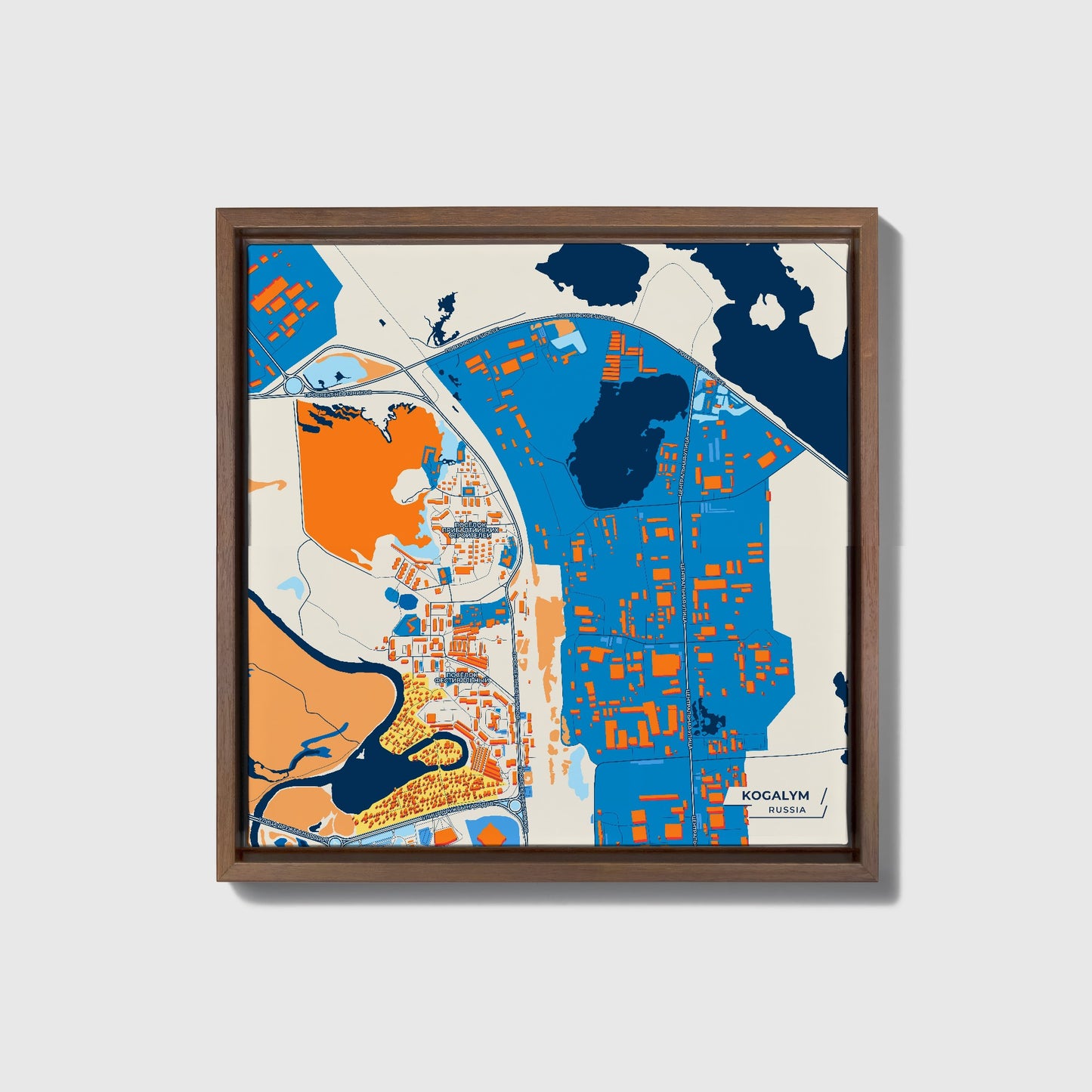 Когалым Russia Colorful City Map Canvas Print • Dark Wooden Framed