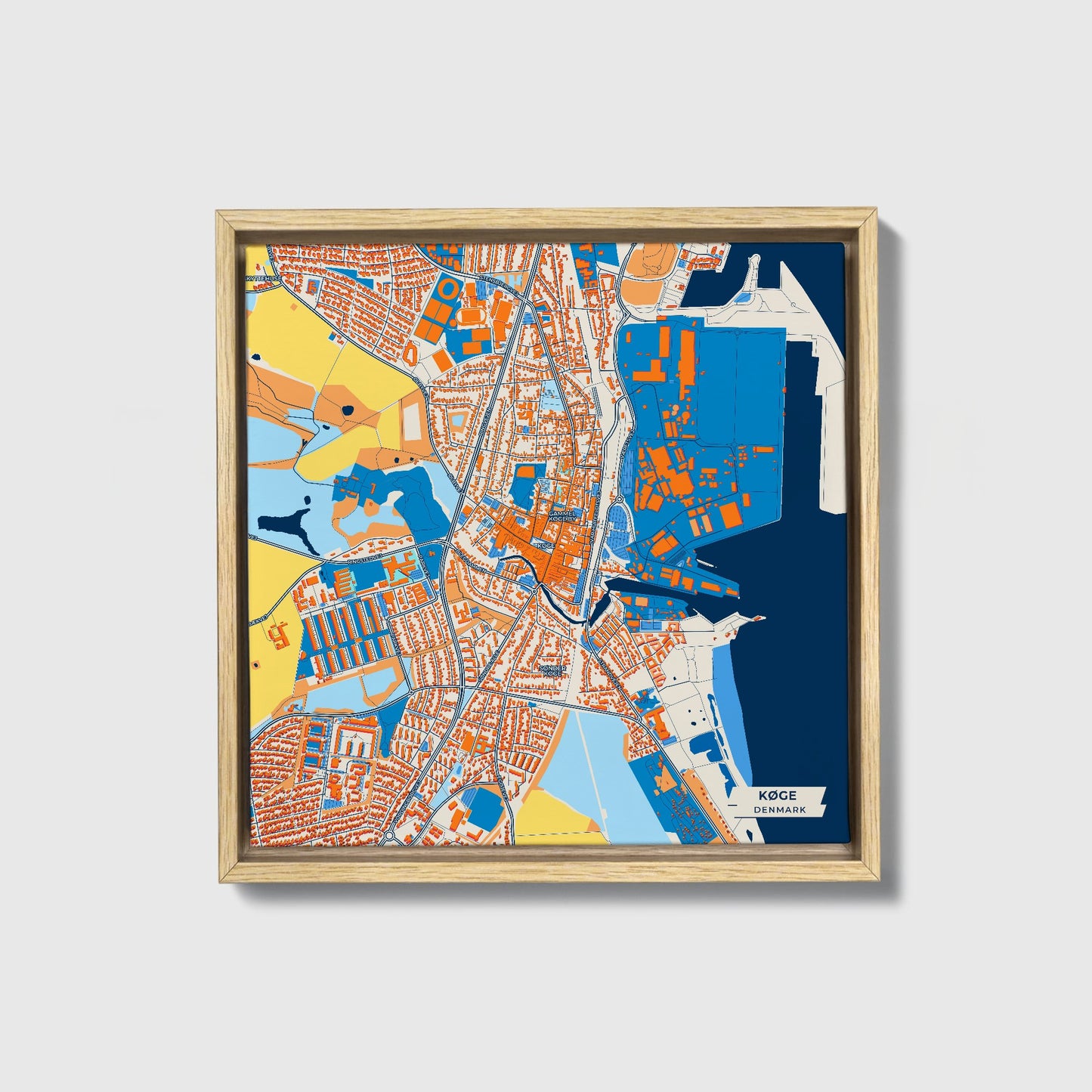 Køge Denmark Colorful City Map Canvas Print • Natural Wooden Framed