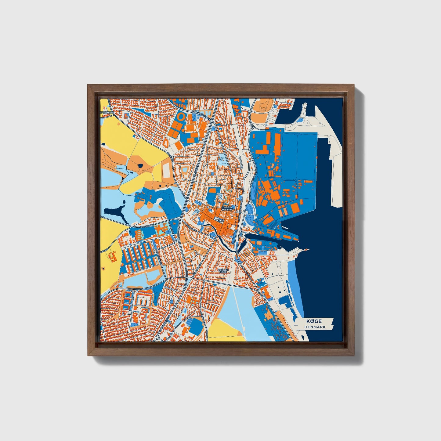 Køge Denmark Colorful City Map Canvas Print • Dark Wooden Framed