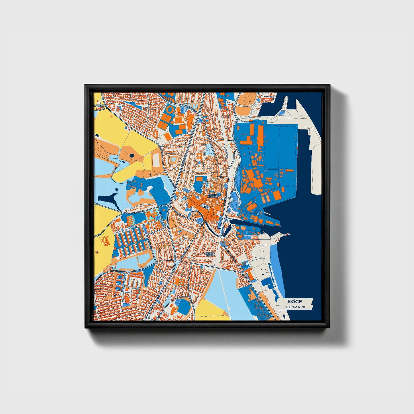 Køge Denmark Colorful City Map Canvas Print • Black Framed