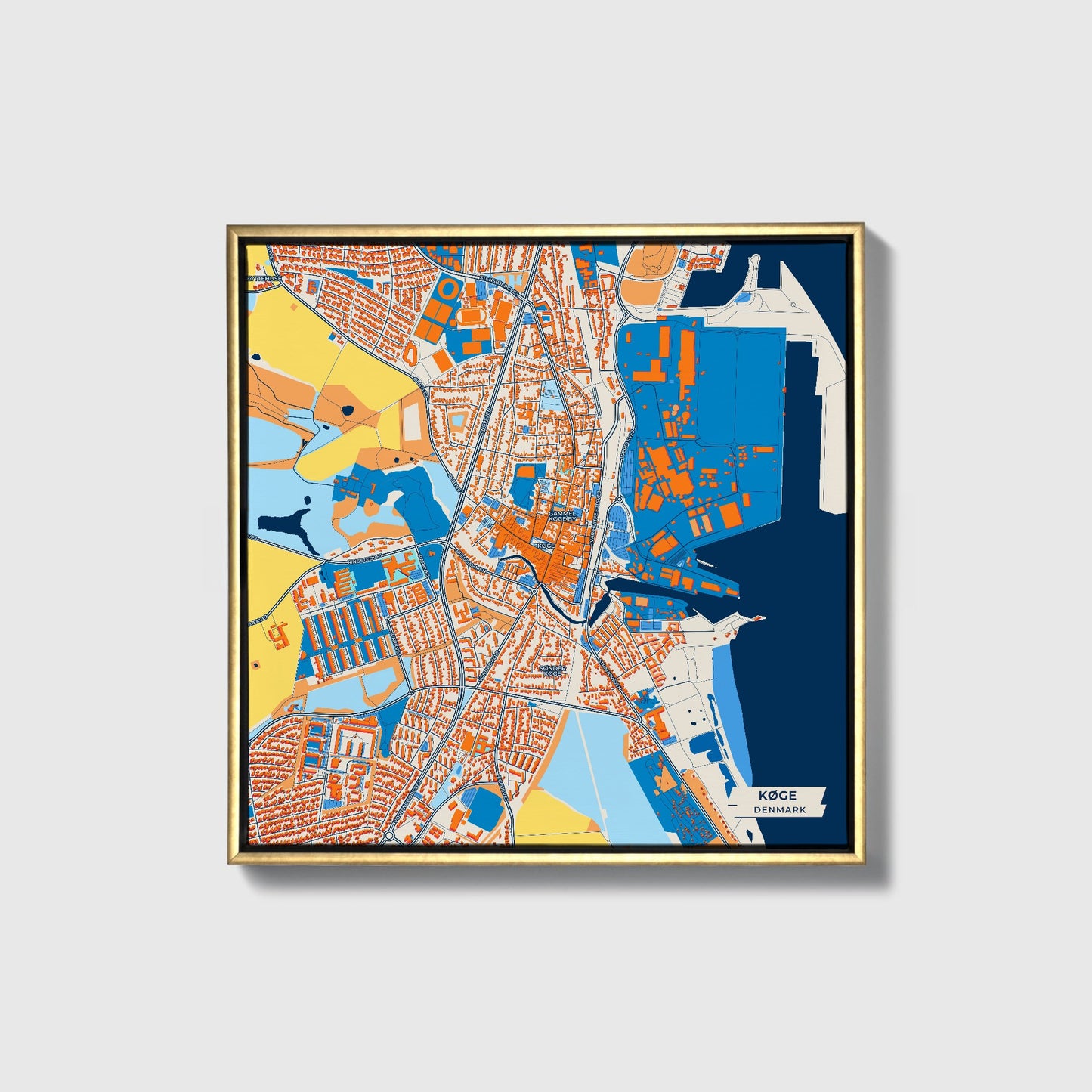Køge Denmark Colorful City Map Canvas Print • Gold Framed