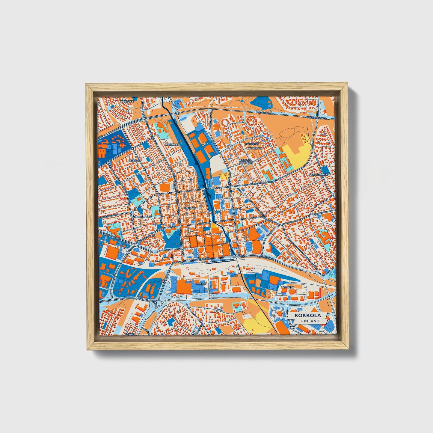 Kokkola Finland Colorful City Map Canvas Print • Natural Wooden Framed