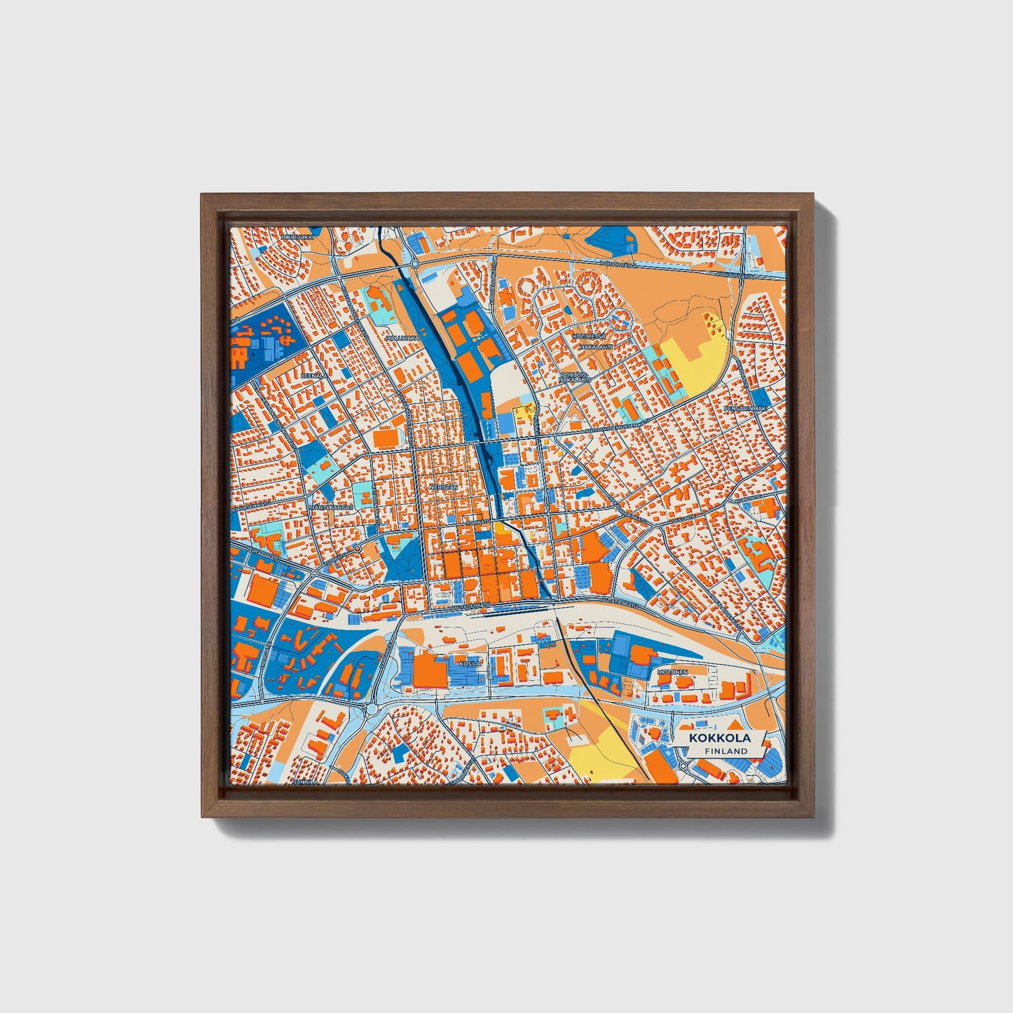 Kokkola Finland Colorful City Map Canvas Print • Dark Wooden Framed
