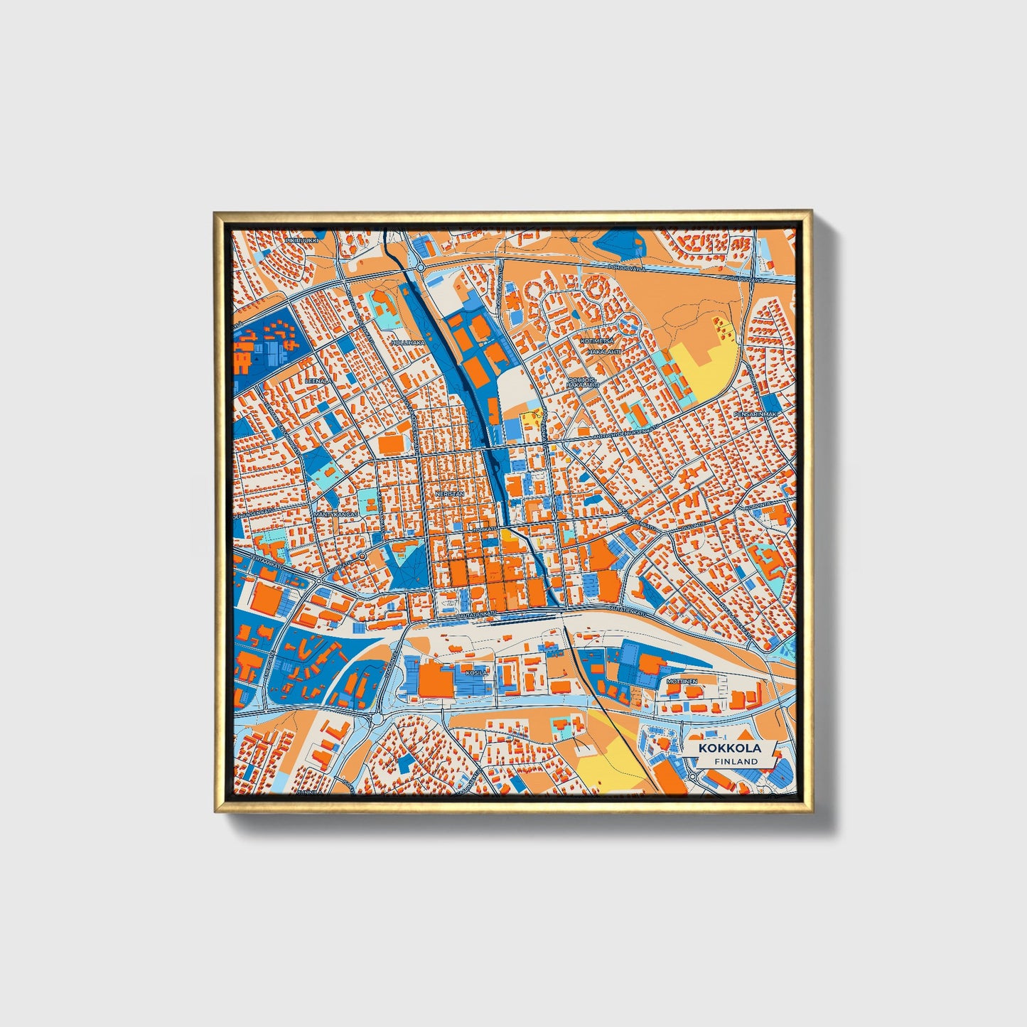 Kokkola Finland Colorful City Map Canvas Print • Gold Framed